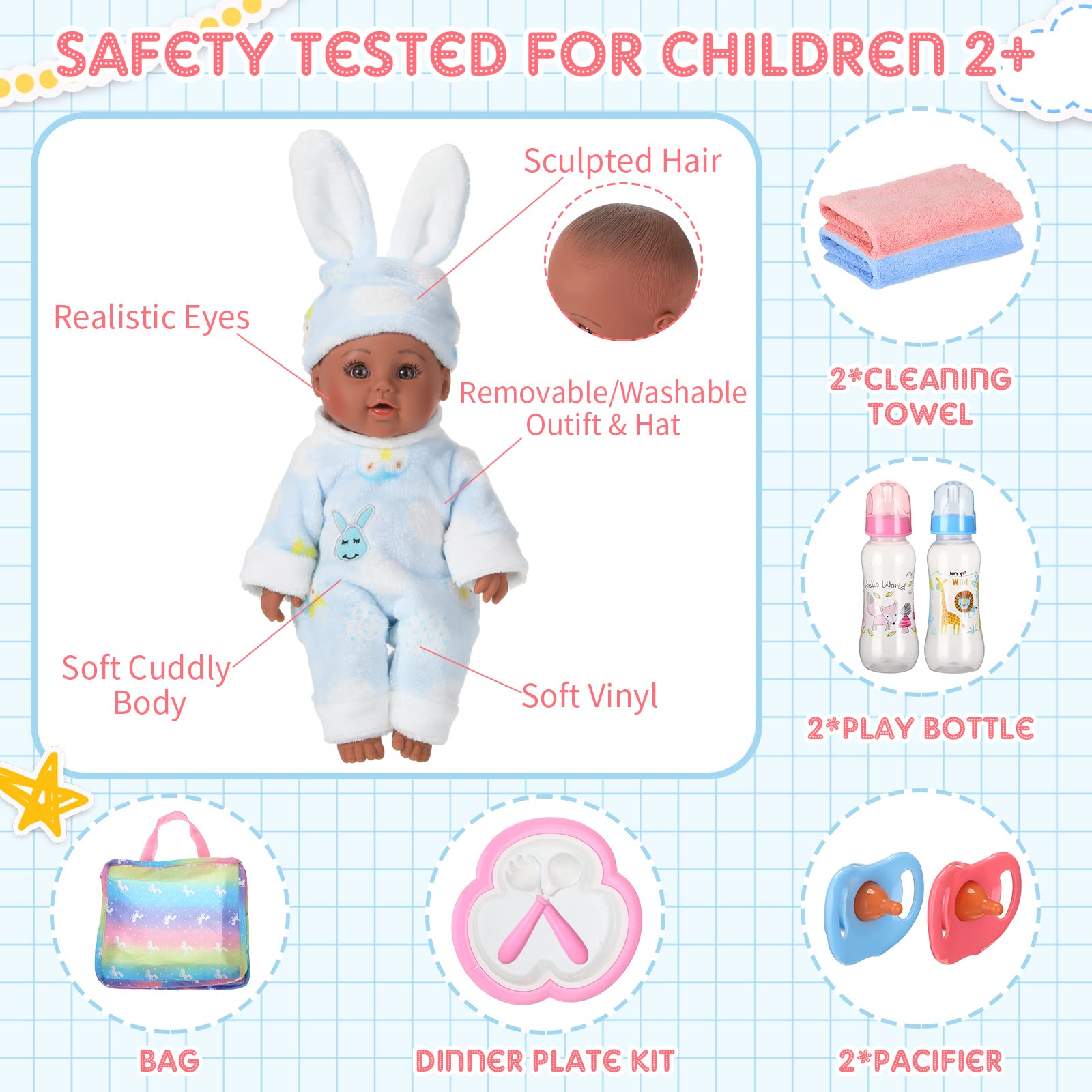 El juego de 10 muñecas realistas de bebé gemelas incluye 2 muñecas de bebé de 12 pulgadas, juego de alimentación, chupetes, pañales para muñecas, bolsas, biberones de leche, traje extraíble para niños 3