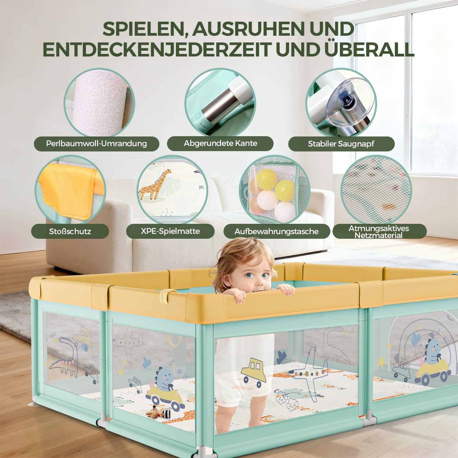 Box Bambini 180x200 con Tappeto, Recinto per Bambini con 360° Rete Traspirante, Tessuto Oxford, Laterali con Zip, Antiscivolo Robusta Centro Attività, 60 Palline, 4 Maniglie, Coccodrillo verde