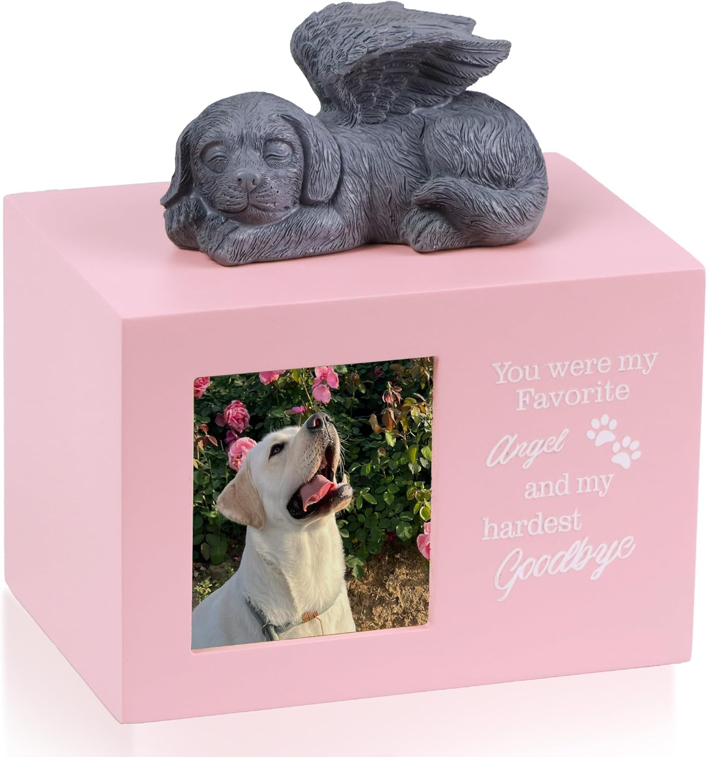 Dog Urns for Ashes, Pink Wooden Keepsake with Photo Frame, Pet Memory Box with Resin Dogs Angel Statue and Sealed Storage Bags (Up to 75lbs)