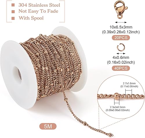 Miniatura 7 de KISSITTY Cadenas de satélite de oro rosa de 16.4 pies de acero inoxidable 304 soldadas con cierres de anillos de salto, cadena de bricolaje,