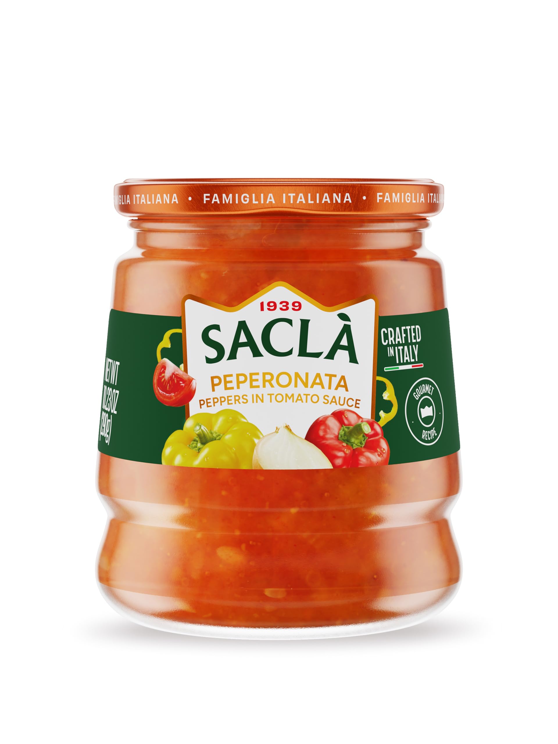 SACLA Peperonata Peppers in Tomato Sauce Antipasti | Italian Sweet Bell Peppers in Tomato Sauce with Onions & Olive Oil | 10.23 oz Glass Jar | Non-GMO Vegan Antipasto | Imported from Italy