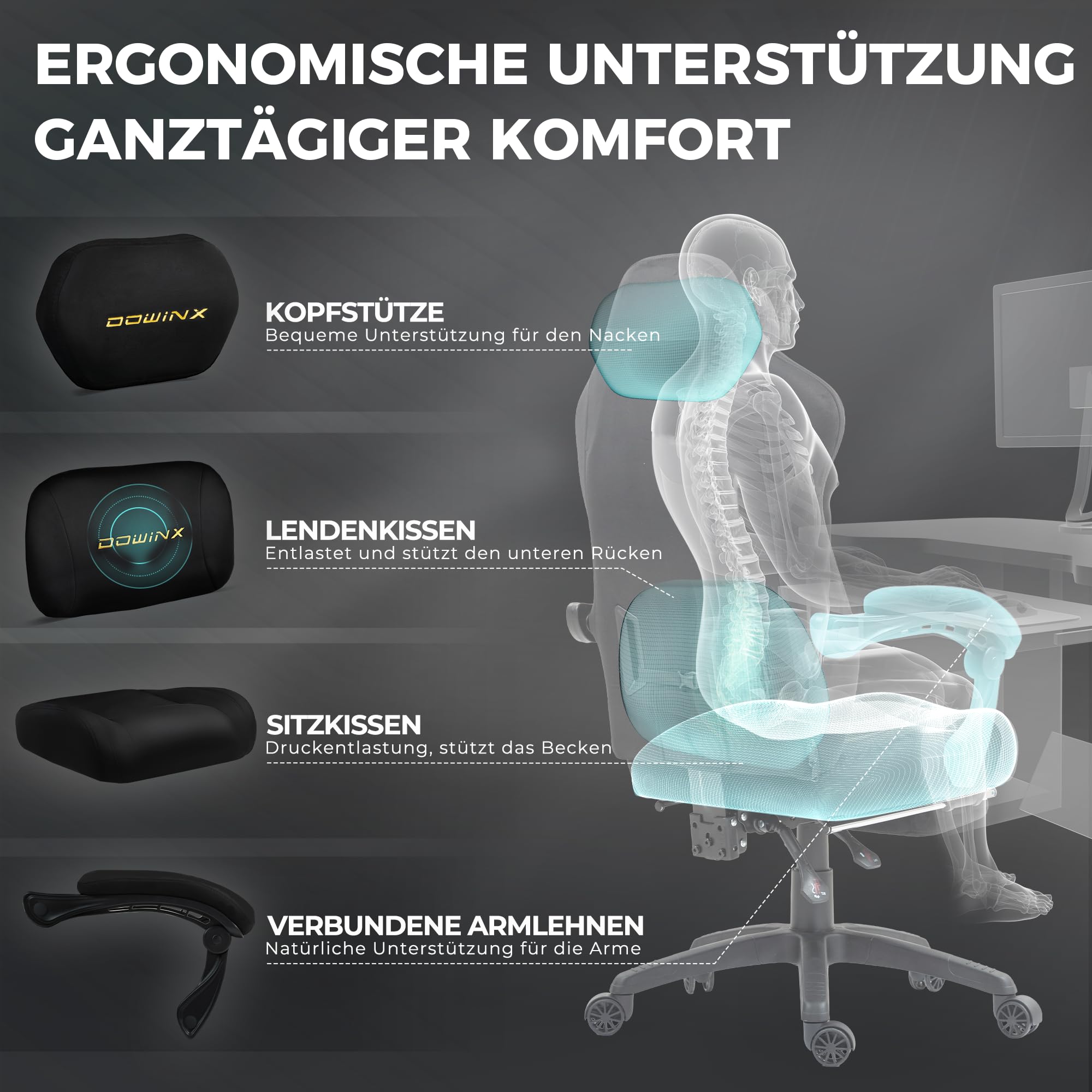 Dowinx Gaming Stuhl Ergonomisch mit Lendenkissen, Höhenverstellbare Kopfstütze, Verdicktes Sitzpolster, Ausziehbare Fußstütze, Verstellbare Armlehnen, Mikrofaser-Velours, 160° Neigbar, Schwarz