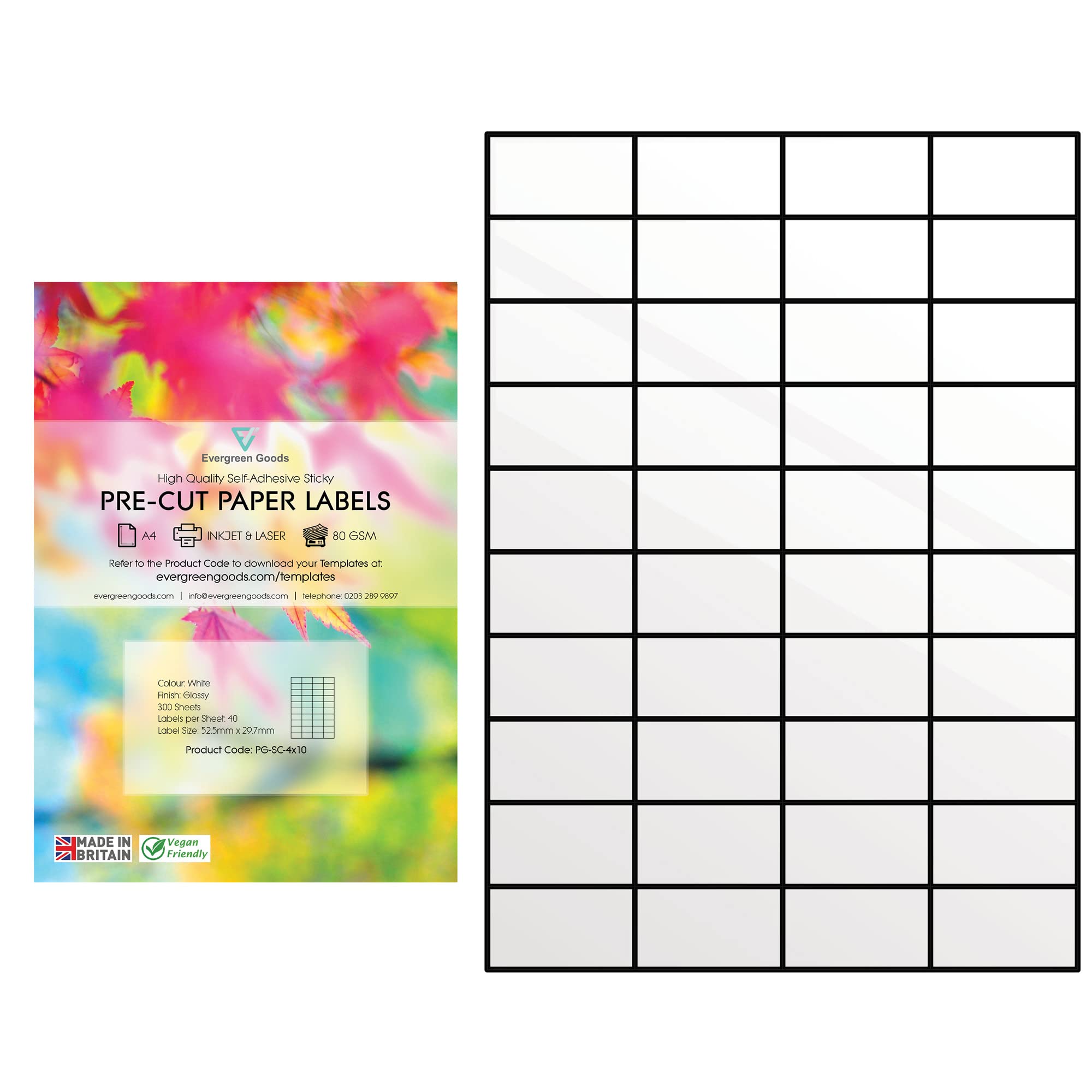 Evergreen Goods Precut Glossy White Sticky Back Address Shipping Labels | Strong Self Adhesive Mailing Printing Paper | Inkjet & Laser Printable | 4x10, 40 per A4: 12,000 Labels in Total | 300 Sheets