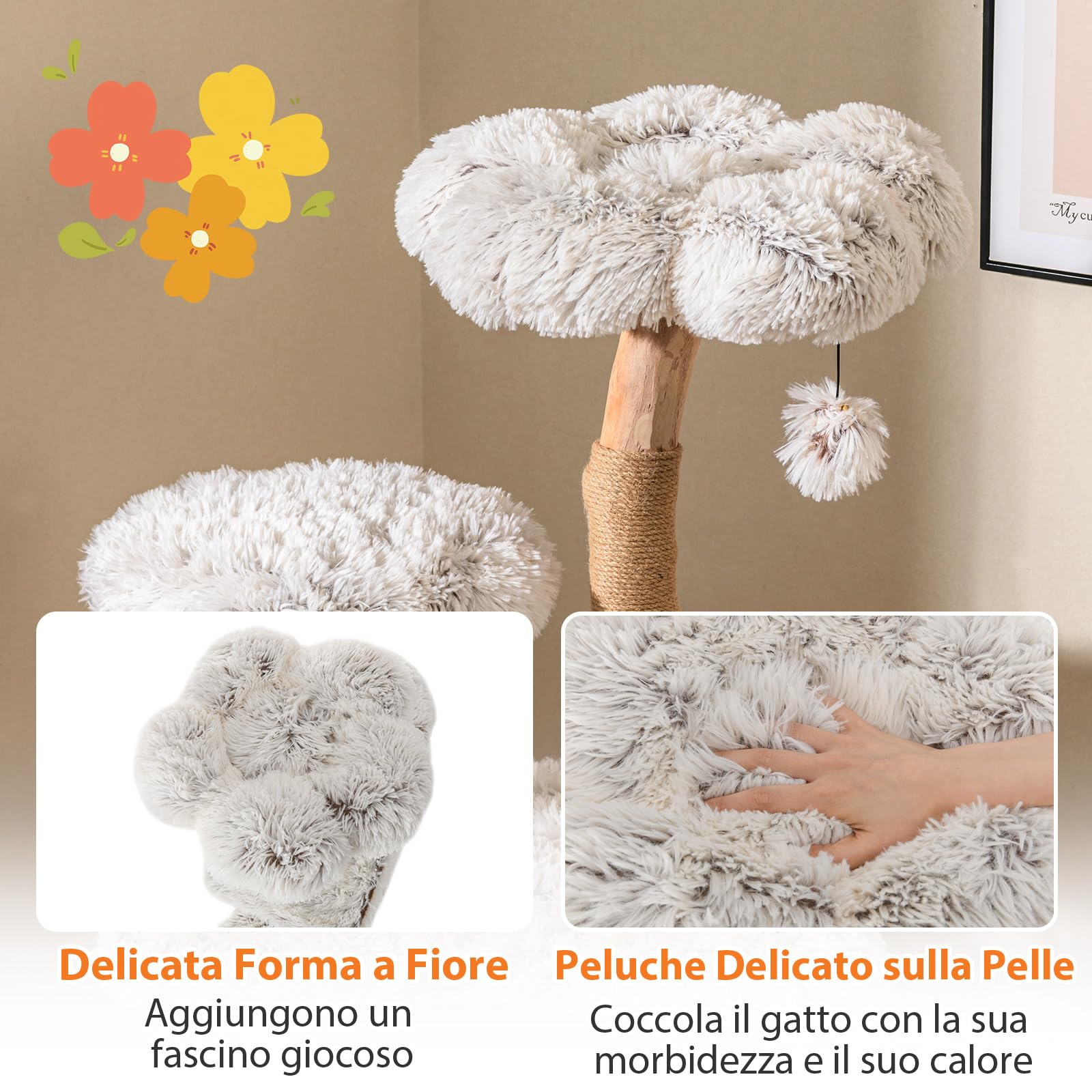 COSTWAY Tiragraffi per Gatto Alto 135 cm, Albero Tiragraffi in Legno di Pero Naturale con Grotta e 6 Piani, Torre per Gatti Imbottito in Peluche con Corde Juta e Pompon, Bianco