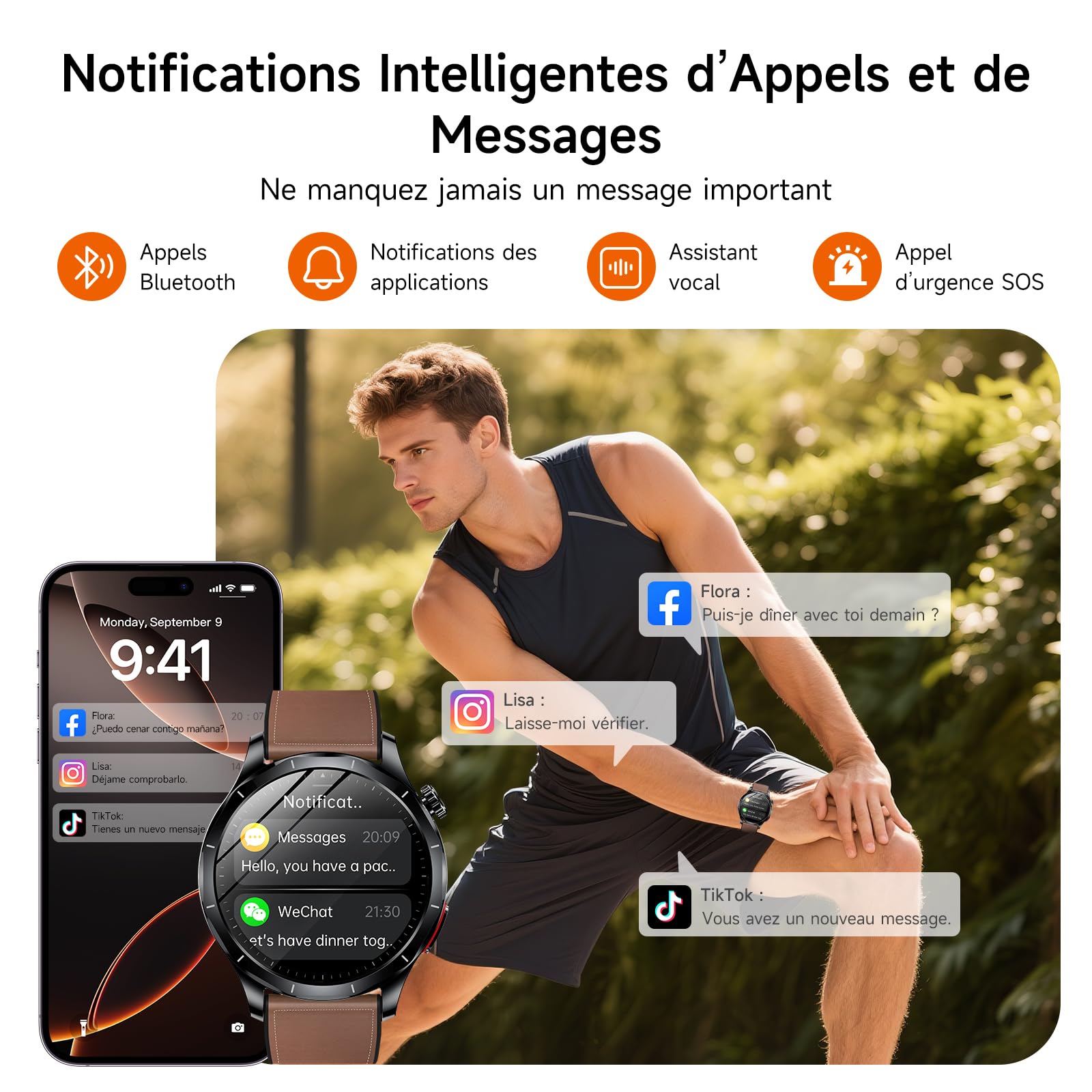2026 Nouv’ Montre Connectée Homme avec ECG+HRV/Pressιon artérιelle/IMC,1,43" AMOLED Smartwatch avec Fonction SOS,24/7 Fréquence Cardiaque/SpO2/Sommeil Monitor, IP68 pour Android/iOS