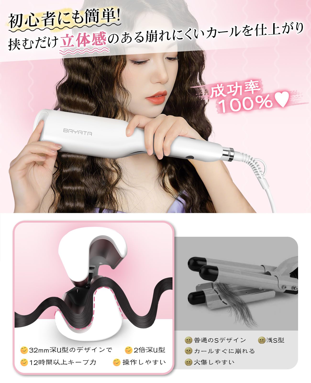 BAYATA コテ 32mm ヘアアイロン ウェーブアイロン ワッフルアイロンm Amazon | BAYATA ウェーブアイロン コテ ワッフルアイロン 32mm ヘア