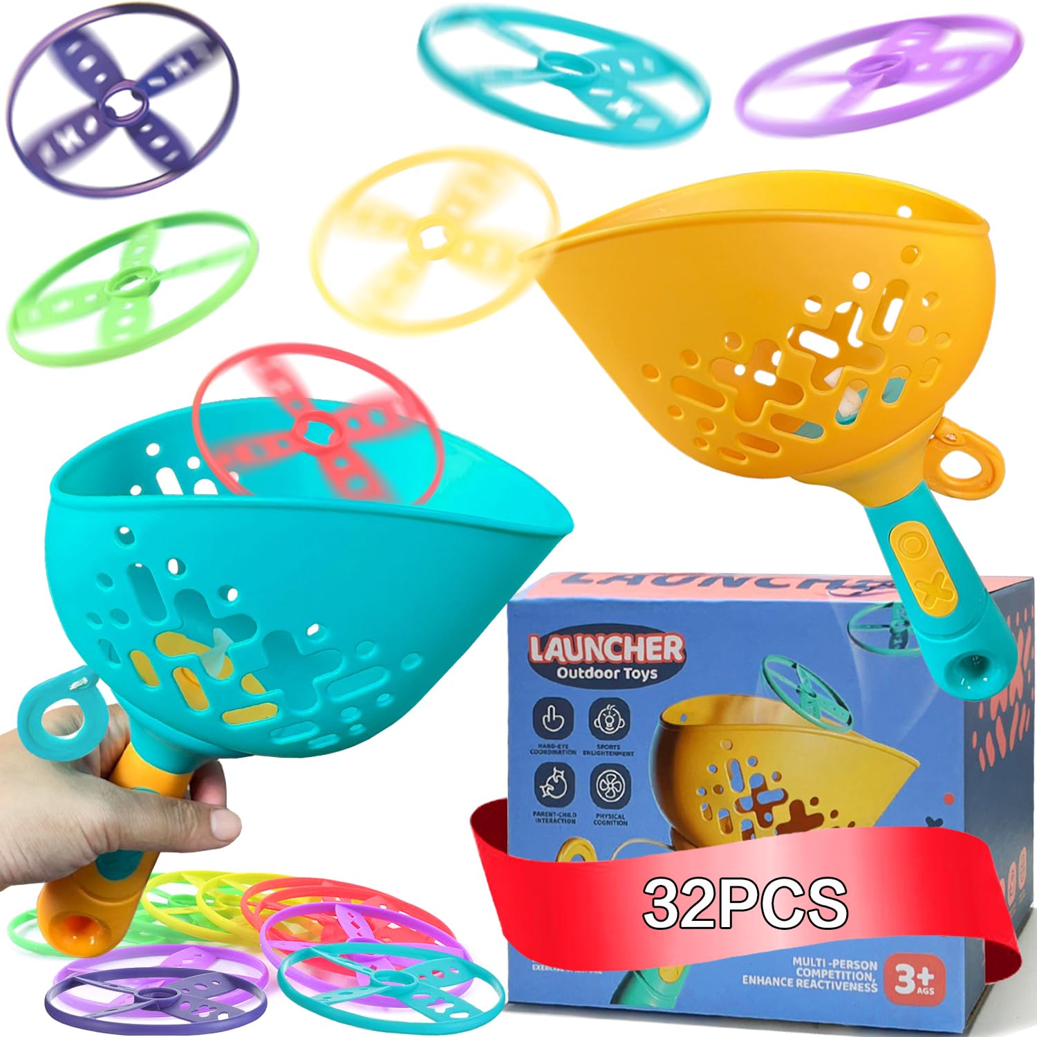 Jishi Outdoor Toys for Kids Ages 4-8, Flying Disc Launcher Toy, Manual Capture Catching Outdoor Games Activities, Toddler Outside Toys for Kids Ages 3 4 5 6 7 8 9 10 Year Old Boys Girls Birthday Gifts