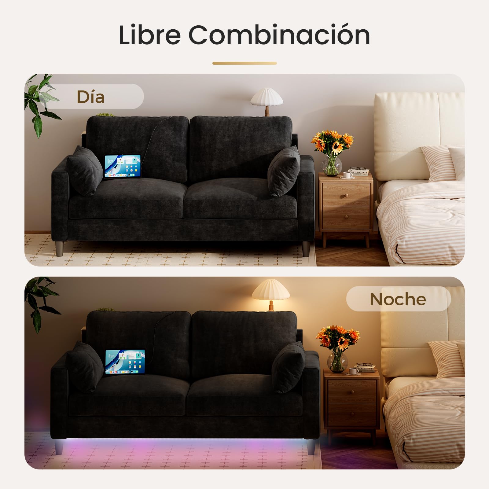 KKL Sofá de 2 plazas con tubos de luz LED y mesa de consola, con 2 puertos de carga CA y 2 puertos USB chenilla para salón, dormitorio, apartamento