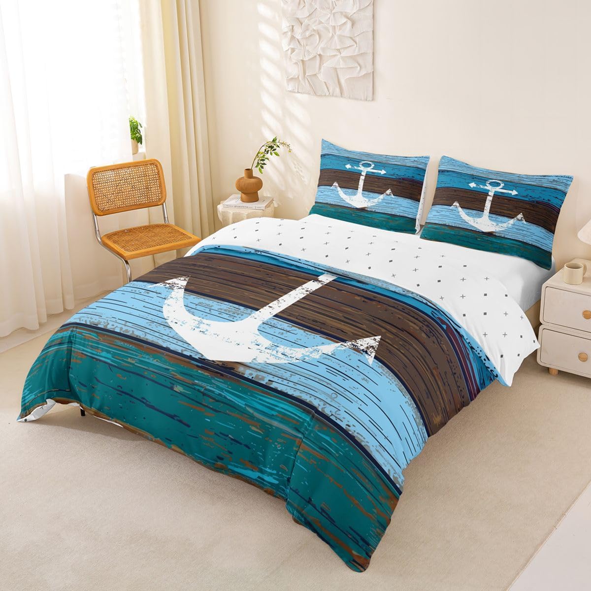 Feelyou Anchor Duvet Cover Set Nautical Theme Bedding Set Vintage Timeworn Weathered Wooden Planks Rustic Comforter Cover Soft Luxury Bedspread Cover with 2 Pillowcase 3Pcs Bedding Full,Blue