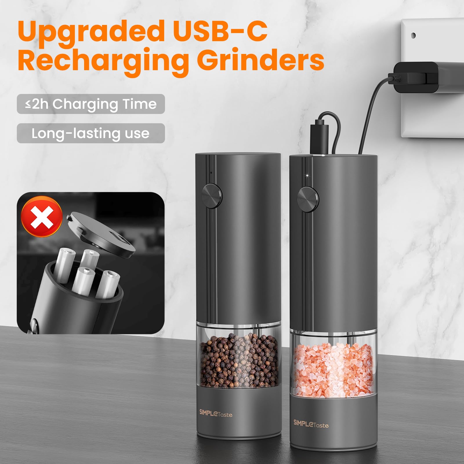 Elektrische zout- en pepermolenset, USB-oplaadbaar, automatische