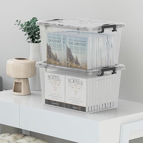 Miniatura 7 de Caja de almacenamiento de plástico apilable y encajable con tapa y hebillas de cierre seguro, transparente, 85 cuartos de galón x 6 pulgadas,