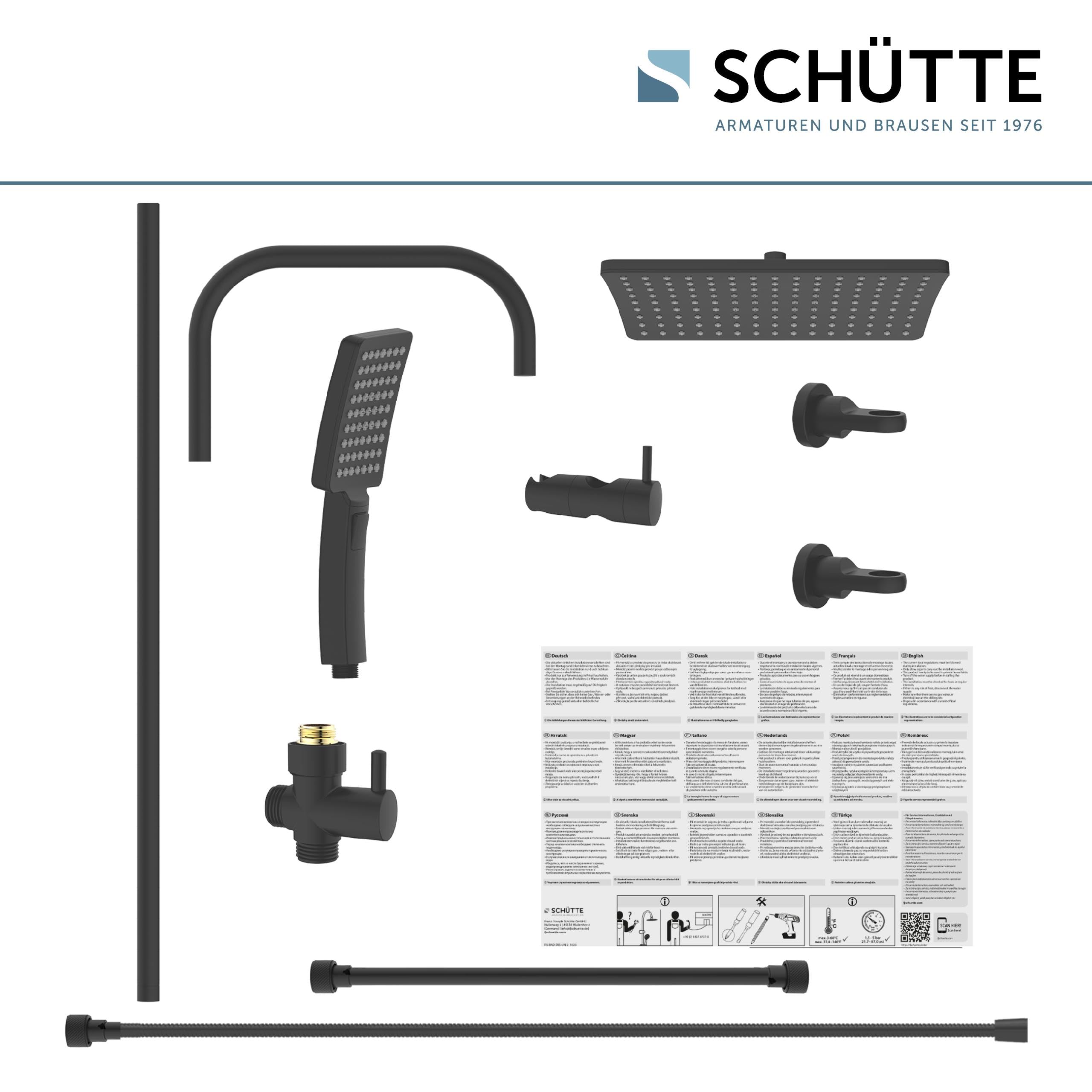Schütte Duschset MALLORCA Duschsäule mit großer Regendusche Handbrause mit 3 Strahlarten Duschsystem ohne Armatur Schwarz Matt | 3 Strahlarten Duschsystem ohne Armatur Schwarz Matt