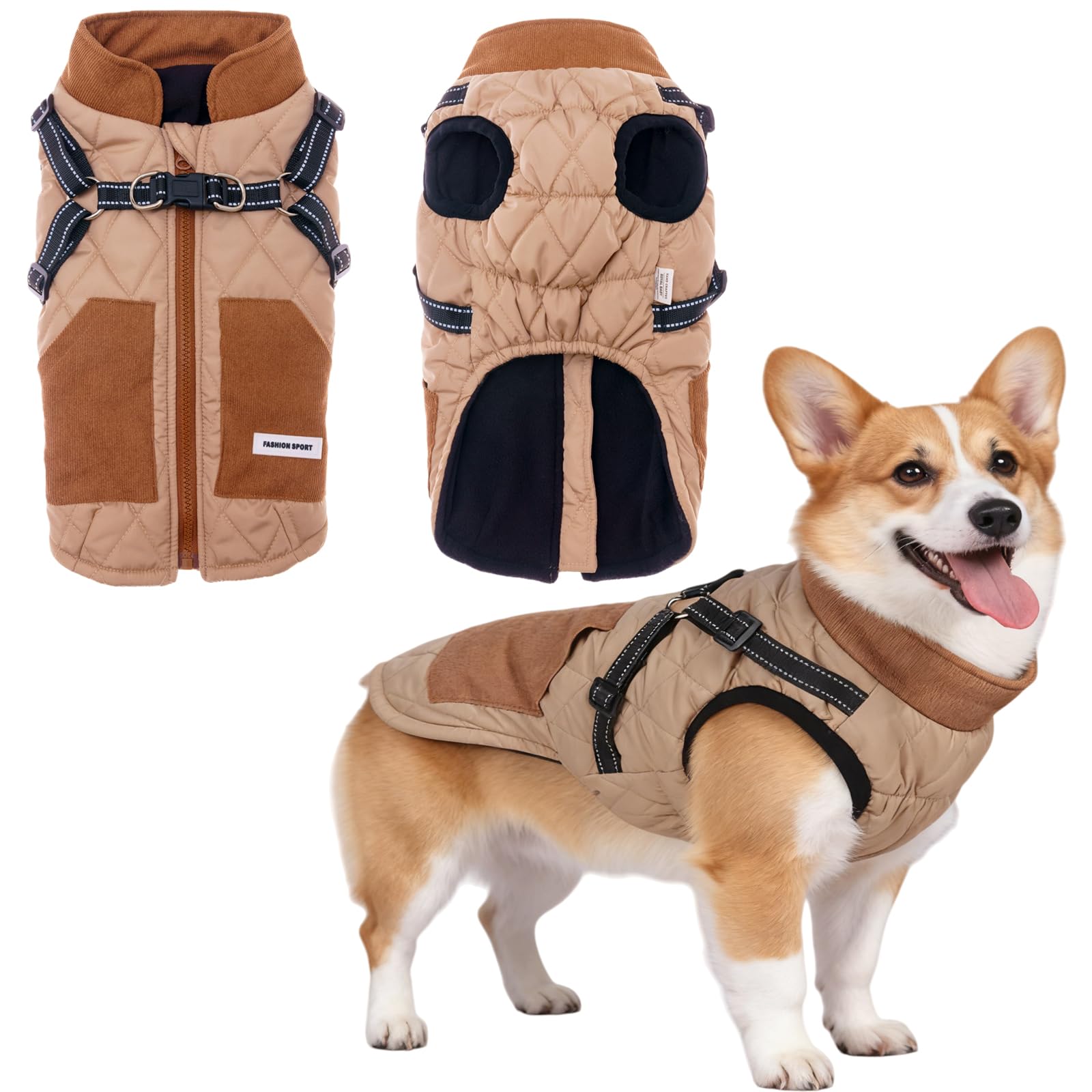 Veste d'hiver pour chien kaki taille L avec harnais intégré pour petit et moyen animal
