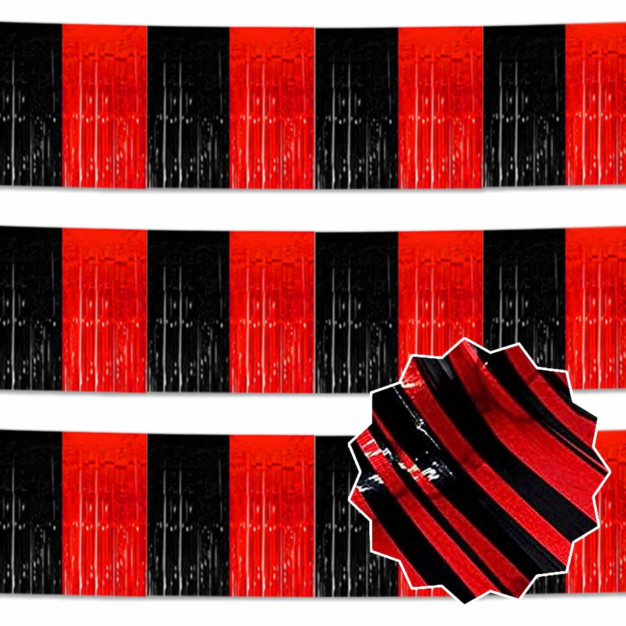 3 Pack 10 Ft Black and Red Foil Fringe Garland Metallic Streamers Tinsel Banner Wall Hanging Garland Backdrop for Parade Floats, Halloween, Christmas,