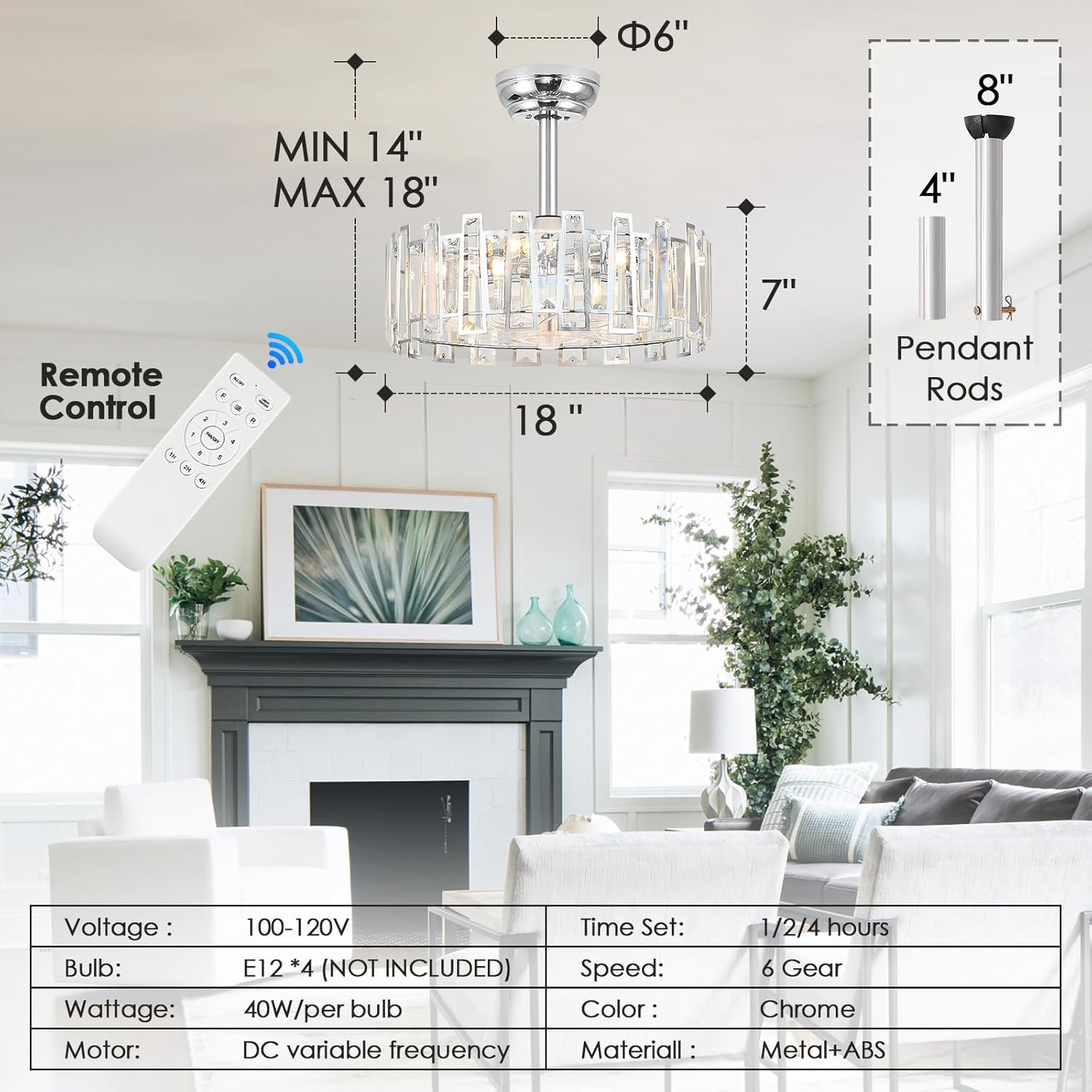 Modern Chrome Caged Ceiling Fan with Light for Bedroom Crystal Ceiling Light Fixture with Fan Bladeless Crystal Chandelier with Fan 18" Fandelier for Kitchen Hallway Dining Room