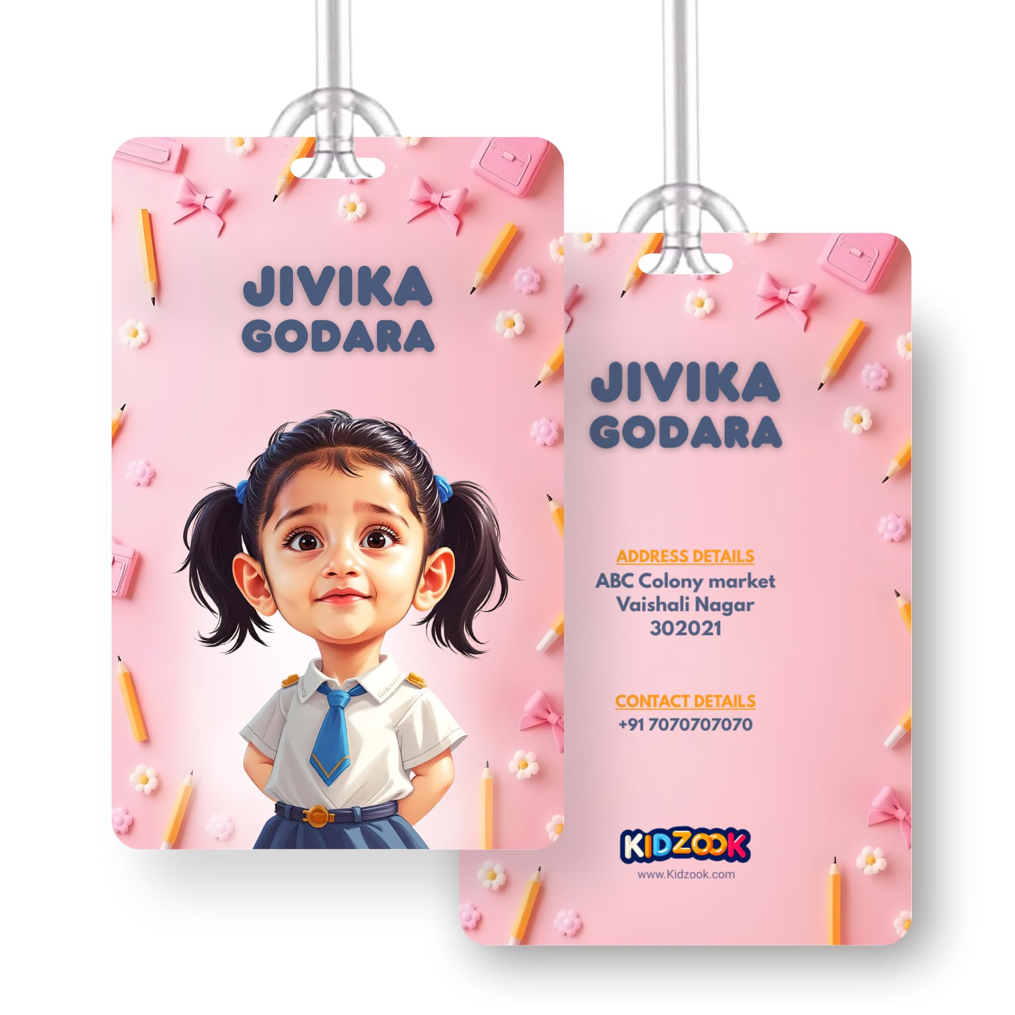 Kidzook Personalized Bag Tags for Kids – Pink Theme (Pack of 2) | Custom Name, Photo & Contact Info | School, Travel, Luggage, Backpack ID Labels | Silicone Loop-image-5