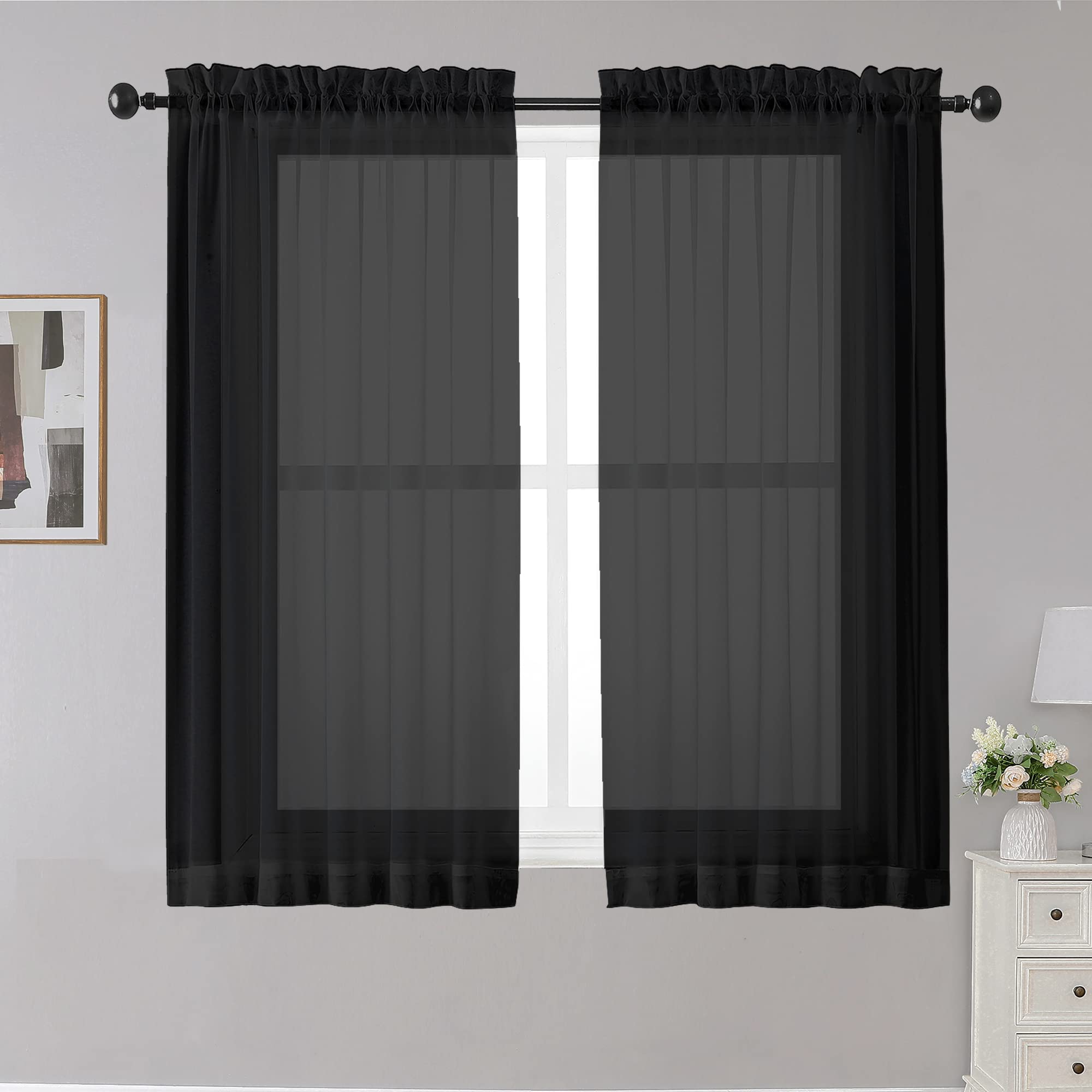 Black Sheer Curtains, 45" Long Light Filtering Tiers for Kitchen, Basement, Bedroom - 2 Panels, Cafe Curtains for Small Windows, 42" W x 45" L
