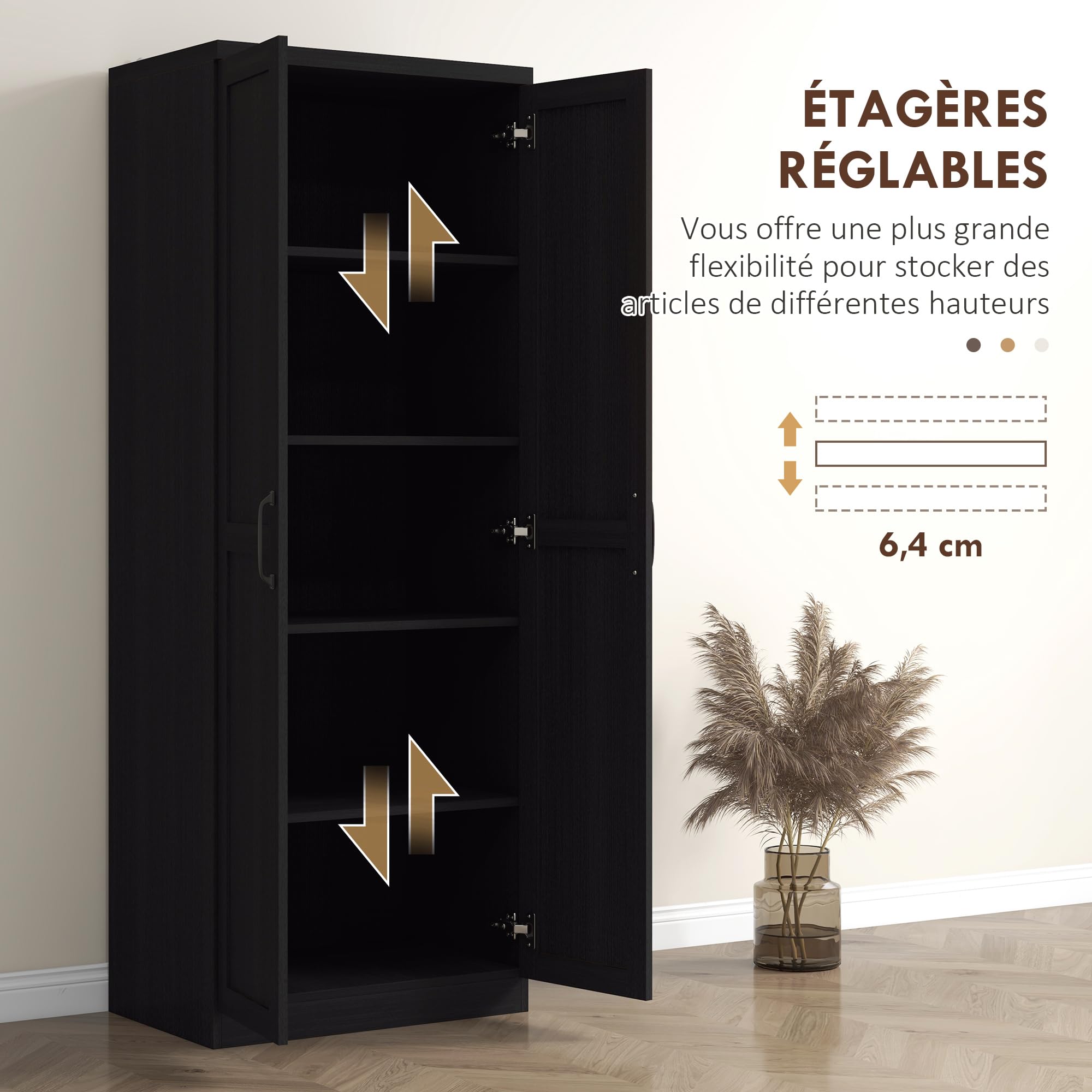 HOMCOM Buffet Cuisine Meuble de Rangement Cuisine 60 x 40 x 160 cm Noir | Vaisselier Moderne, Double Porte, 2 Étagères Réglables, Salle à Manger, Salon