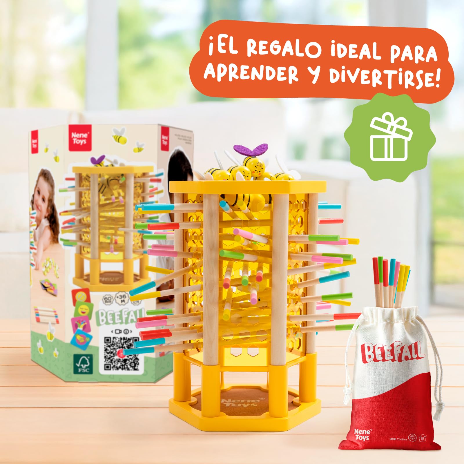 Nene Toys BEEFALL, Juego Montessori 4-en-1 para Niños 3-9 Años - Juguete Educativo de Madera con Colmena, 12 Abejas, Palitos de Colores, Dados y Cartas - Juego Familiar para el Desarrollo Cognitivo