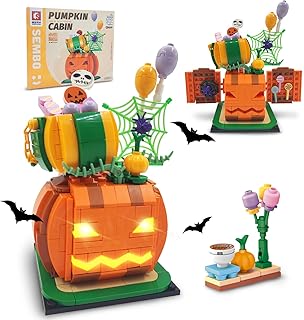 Halloween Pumpkin Building Kit Compatible with Lego Halloween Haunted House, Mini Candy Cabin Home Stacking Blocks Toy with Lights, Ghost Vampire House Building Bricks Gifts for Kids (327PCS)