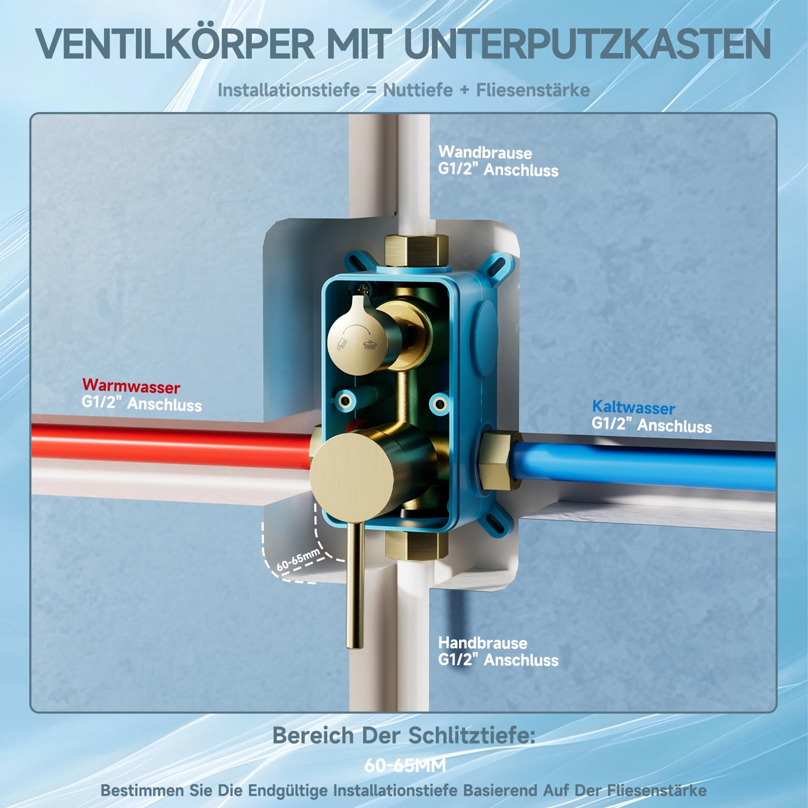 Duschsystem, Unterputz-Regendusche Gold gebürstet, Armaturen-Set
