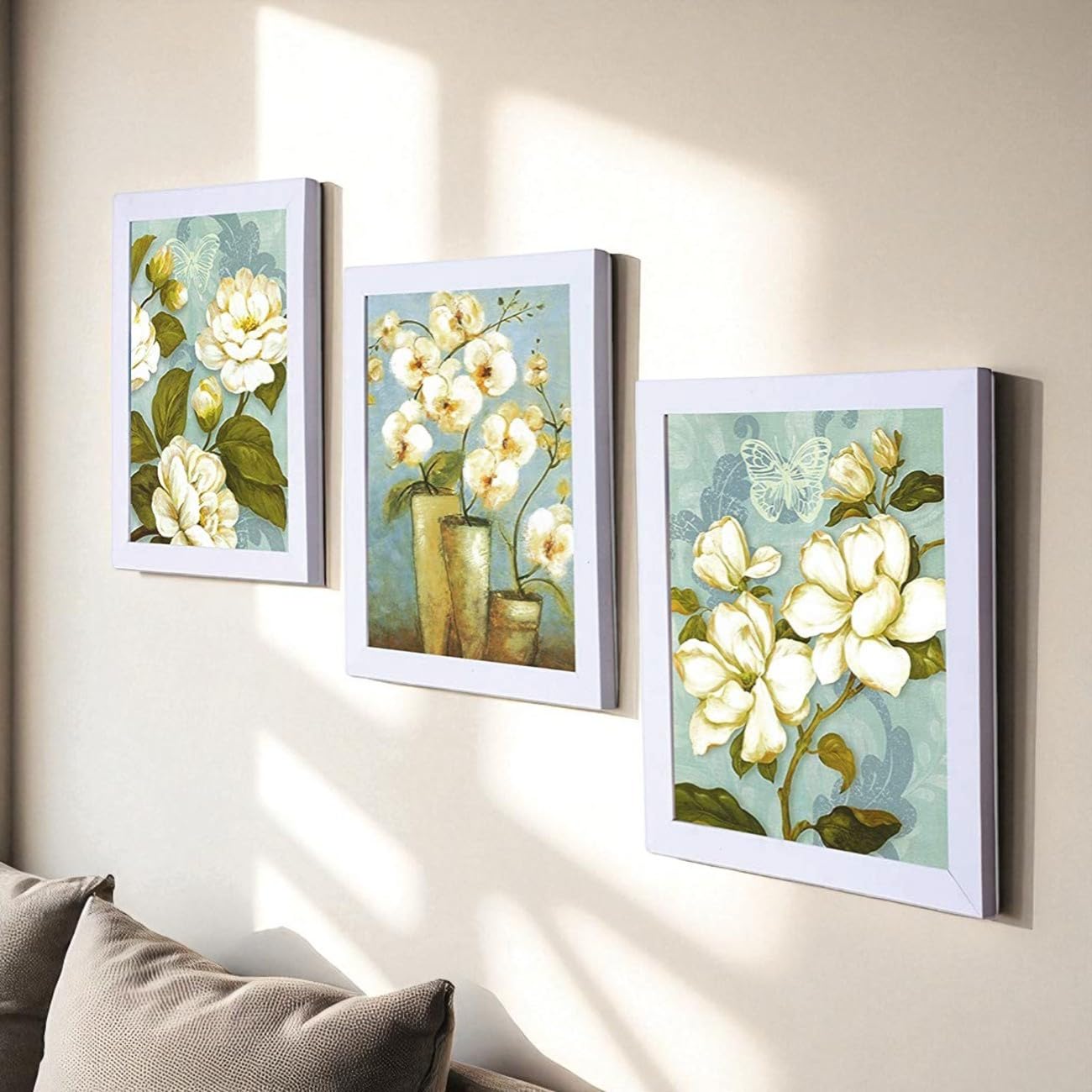 PAINTINGMANTRA - White Flower Set of 3 White Framed Painting,UV Textured Art Prints (9 x 11 inch)