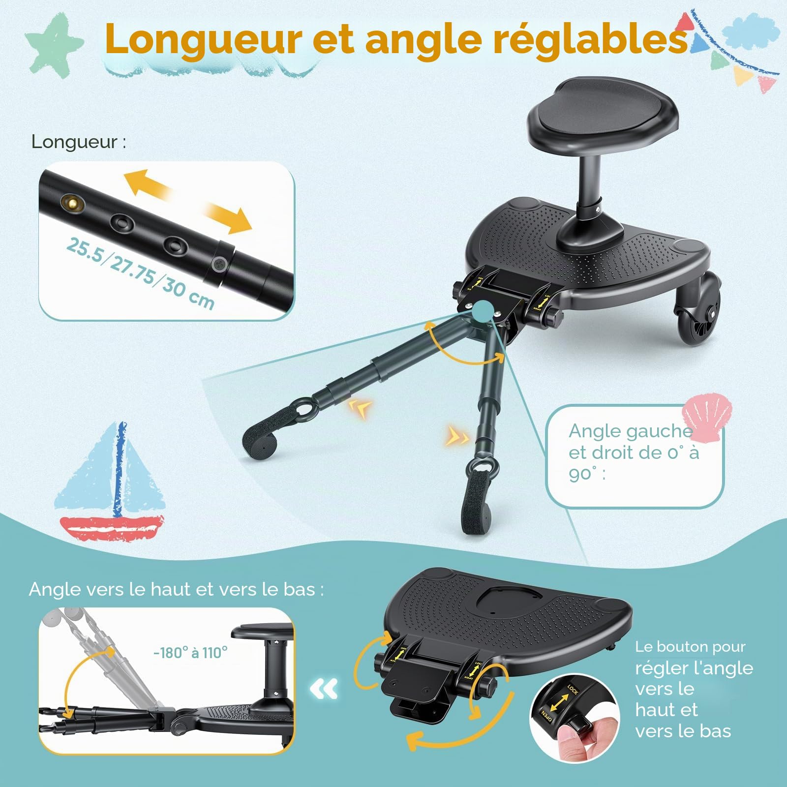 Planche Poussette Universelle avec Siège Agrandi, Marche Pied Poussette, Planches à roulettes pour bébé Compatible Avec 99% des Poussettes, Pour les Enfants de 2 à 6 ans(25kg)