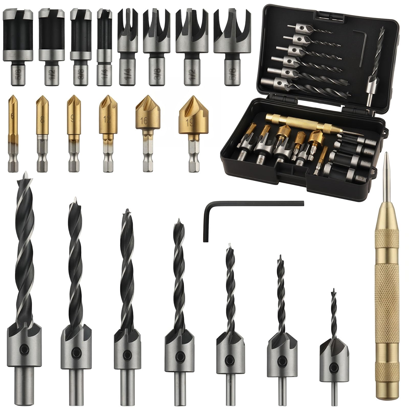 Rocaris 23-Pack Woodworking Chamfer Drilling Tool, 6pcs 1/4" Hex 5 Flute 90 Degree Countersink Drill Bits, 7pcs Three Pointed with L-Wrench, 8PCS Wood Plug Cutter, and Automatic