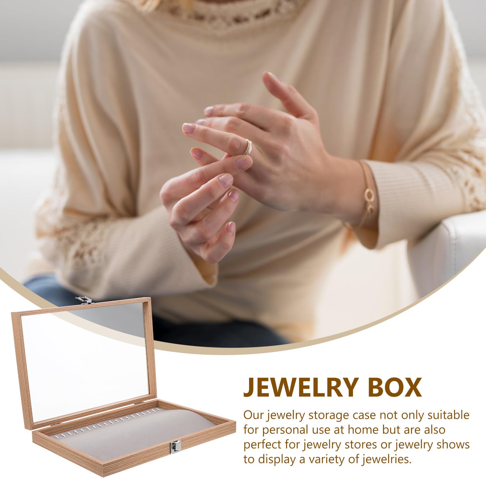 LALAFINA Caja Organizadora de Joyas Khaki con Tapa Transparente, de Madera
