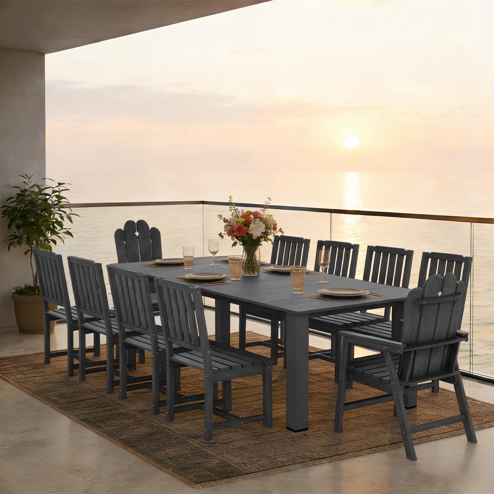 Tioline 11-Piece Patio Dining Set, Outdoor Dining Set for 10, HDPE All-Weather Outdoor Furniture with 89.57” Umbrella Hole Table, 2 Armchairs & 8