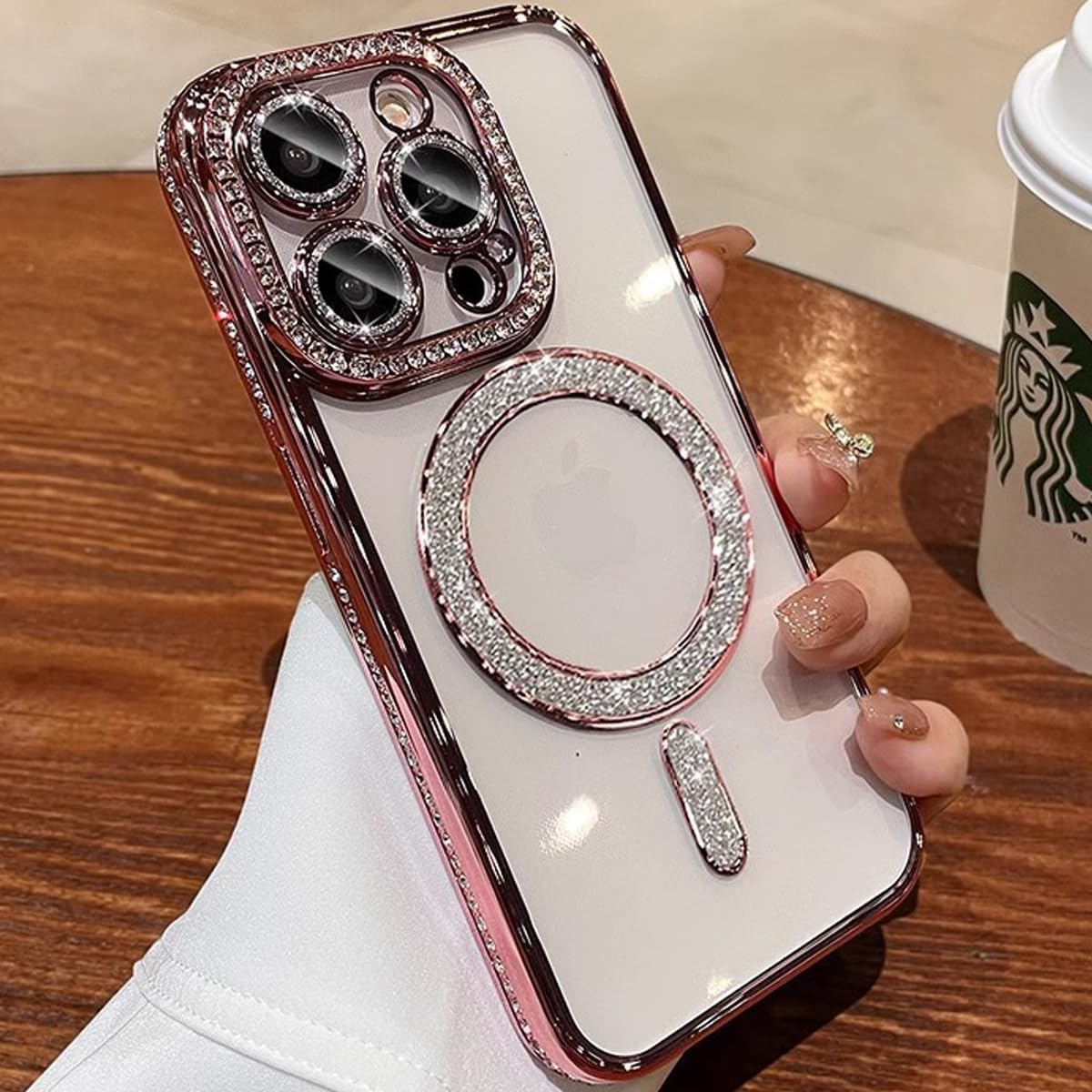 for iPhone 16 Pro Max Case Magnetic, [Compatible with MagSafe] Women Cute Clear Glitter Bling Diamond Rhinestone Sparkly Case Camera Lens Protectors Plating Cover for iPhone 16 Pro Max (Pink)