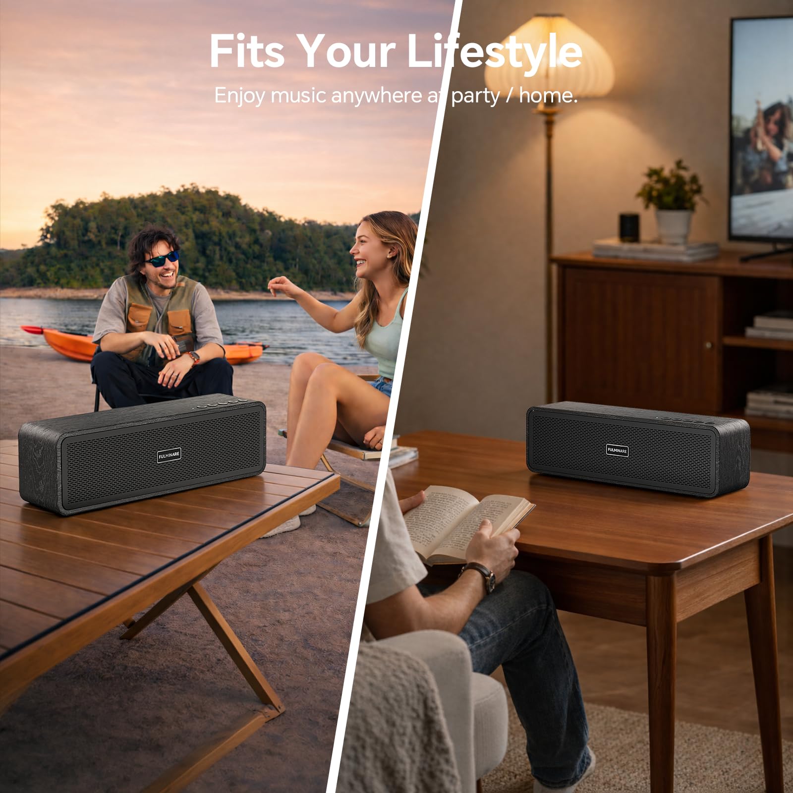FULMINARE Portable Bluetooth Speaker for Home, Wooden Housing, 50W Deep Bass Stereo Sound, Bluetooth 5.3, 30H Playtime, 4-in-1 Playback, IPX5 Waterproof for Indoor & Outdoor Use — view 6