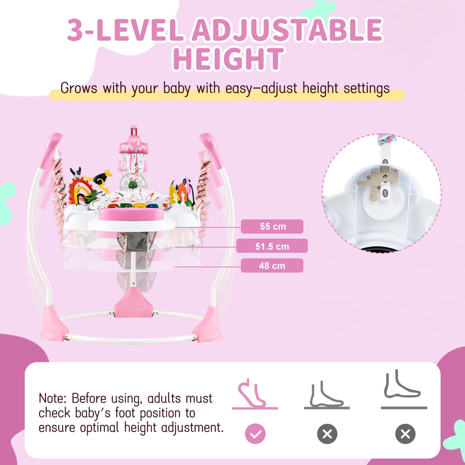 COSTWAY Baby Activity Center, Baby Jumpers & Bouncers with 360° Rotary Seat, Music, Lights, 3 Adjustable Heights, Interactive Toys, for Ages 6 Months + (Pink) - 2