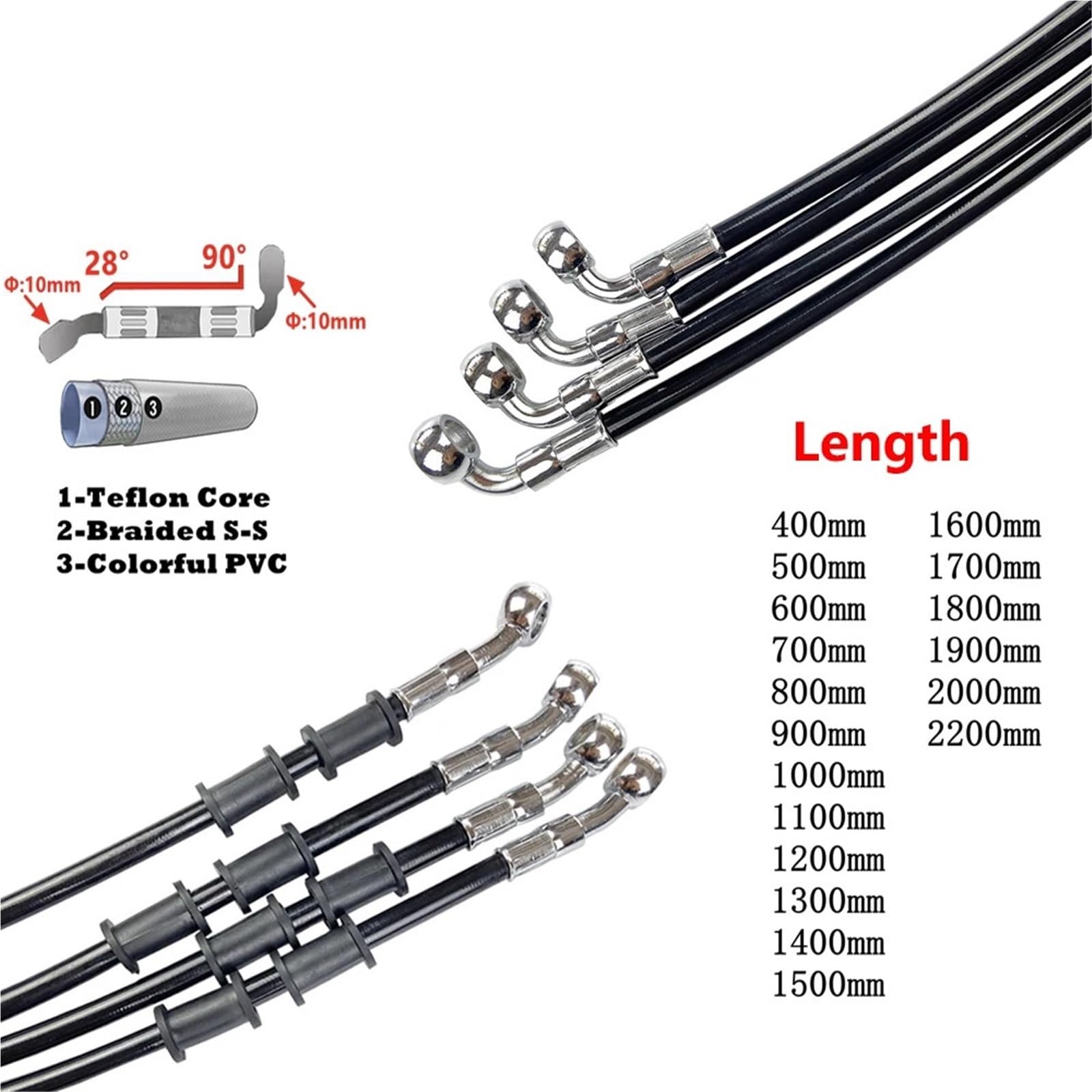 Zestaw linki sprzęgła motocykl Motocyklowy hydrauliczny wzmocniony przewód wężowy oleju hamulcowego do roweru wyścigowego ATV Dirt Pit(Black 2200mm)