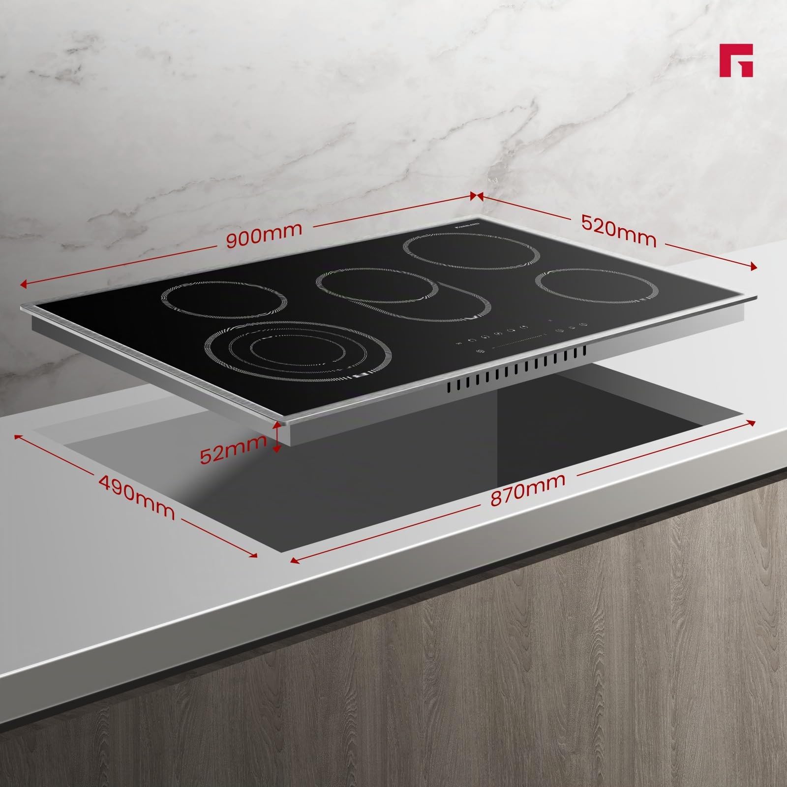 GASLAND CH905BF34B Piano cottura in vetroceramica indipendente, 90 cm piano cottura elettrico da incasso con cornice in acciaio inossidabile, 5 zone, piano cottura in ceramica con tripla zona, 8500 W