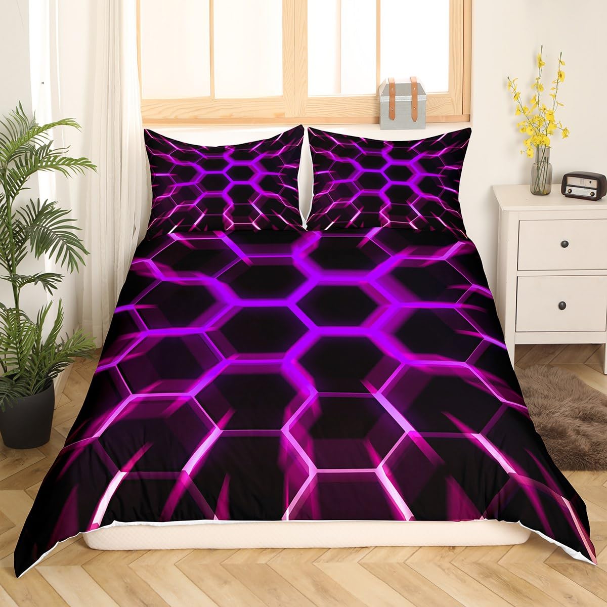 Honeycomb Duvet Cover King Black Purple 3D Geometric Beehive Hexagon Bedding Set Gamer Room Decor for Boys Girls Kids,Neon Light Geometrical Honeycomb Comforter Cover Glowing Hexagonal Bed Set - Image 3