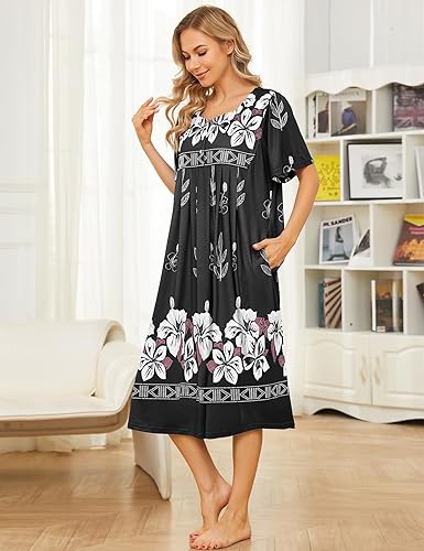 Miniatura 5 de Bloggerlove Camisón hawaiano para mujer, vestido de casa hawaiano Muumuu con estampado de tumbona, vestido de patio con bolsillos Moomoo