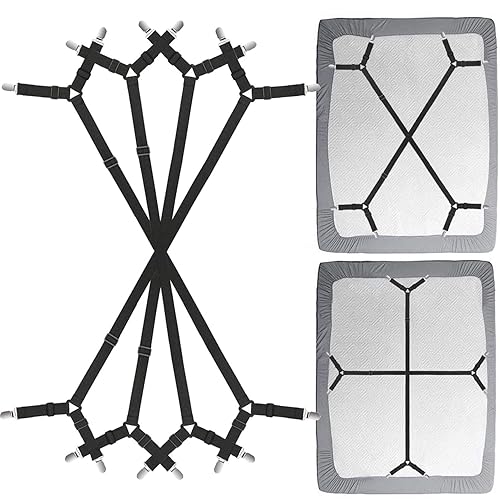 Siaomo Bed Sheet Clip Straps - 2 Way Adjustable Crisscross Sheet Corner Holder Straps Gripper Elastic Sheet Band Mattress Straps Fasten Suspenders(2 Set/4Pcs, Black) - Black 4pcs Set