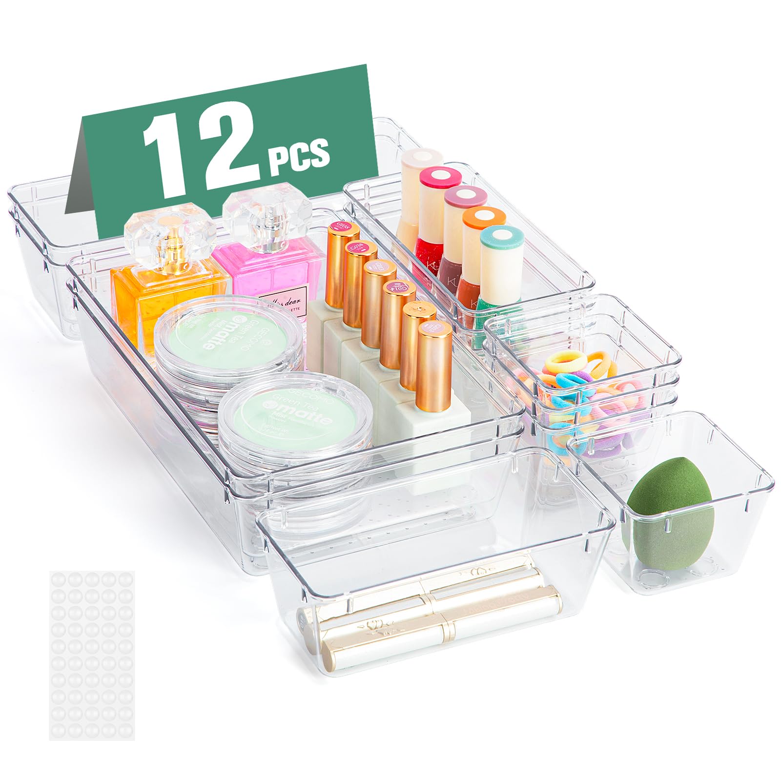Avmvnvc 12 PCS Organizadores de Cajones, Organizador Cajones de Plástico Transparente, Bandejas de Almacenaje de 3 Tamaños, Almacenamiento de Cajones de Escritorio para Baño/Maquillaje/Cocina/Oficina