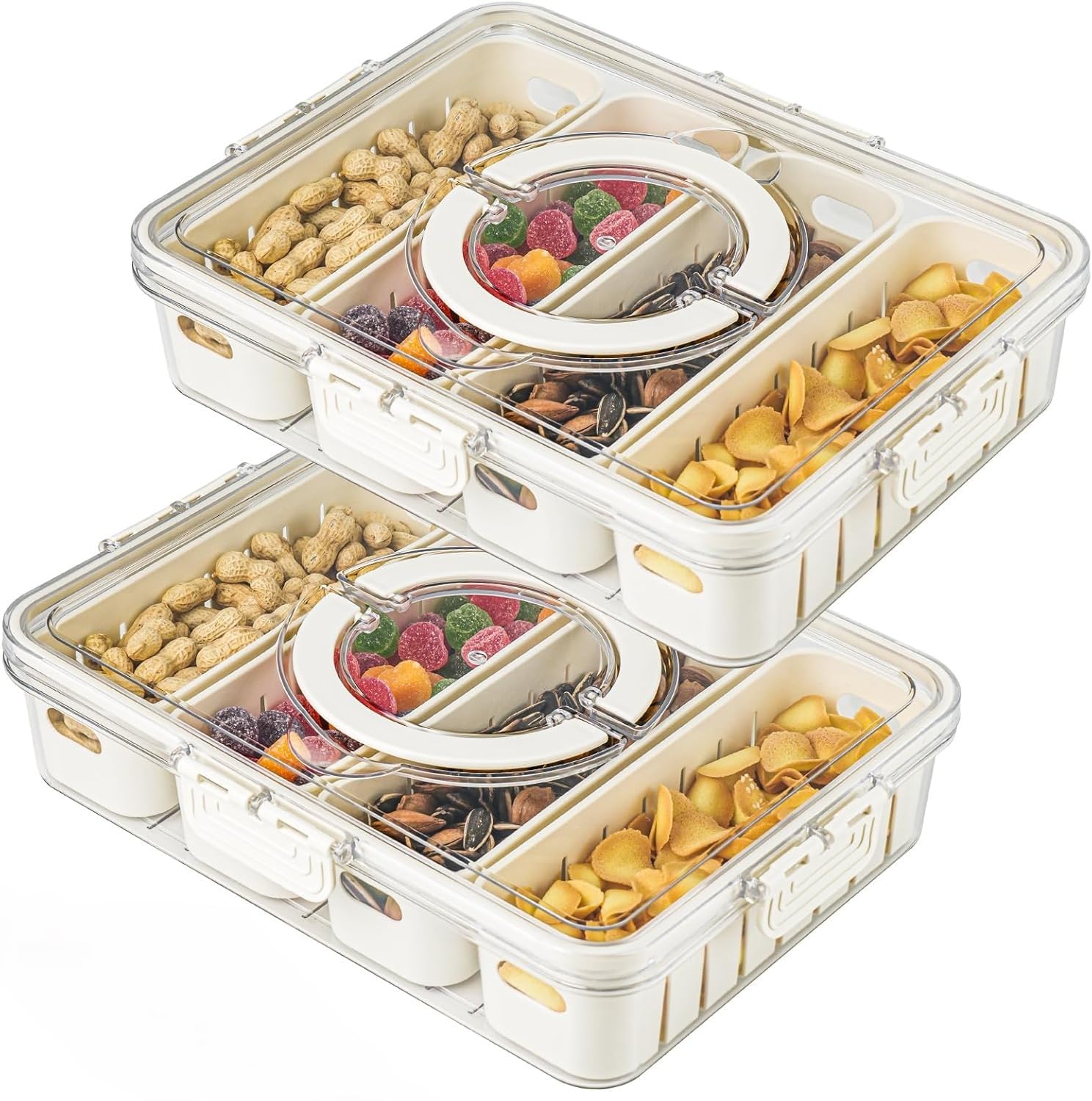 Redcoutt Snackbox mit Fächern, Abnehmbare 4 Fächer Snackbox mit Deckel und Griff, Lebensmittelechtes PET, Tragbare Aufbewahrungsbox für Süßigkeiten, Snacks, Gemüse, Ideal für Partys, Picknicks