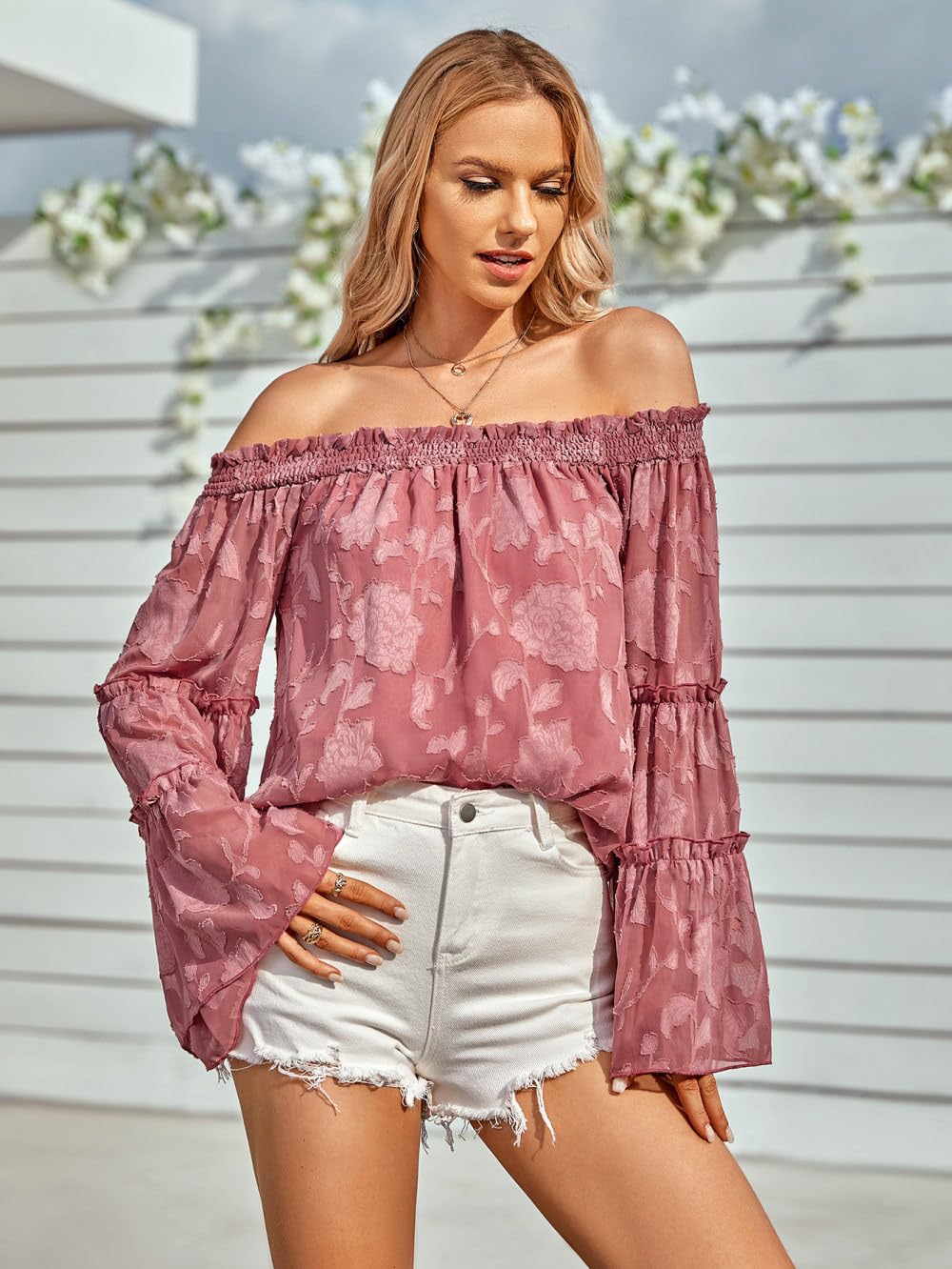 Top Femme Sexy,Chemisier Décontracté pour Femme À Épaules Dénudées Pull Chemise Rose Foncé en Mousseline De Soie Pivoine Jacquard Floral Sexy Évasé À Manches Longues Chemisier Élégant TR