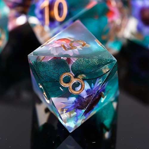 Miniatura 7 de Juego de dados DND, dados de mazmorras y dragones, hecho a mano, borde afilado, 7 troqueles de resina D&D con estuche de dados de regalo para juego