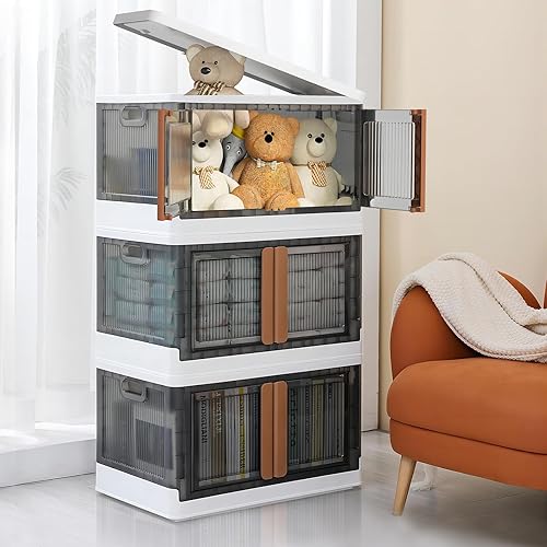 Puliyunxiang Contenedores de almacenamiento plegables con tapas, paquete de 3 organizadores de armario y contenedores de almacenamiento,