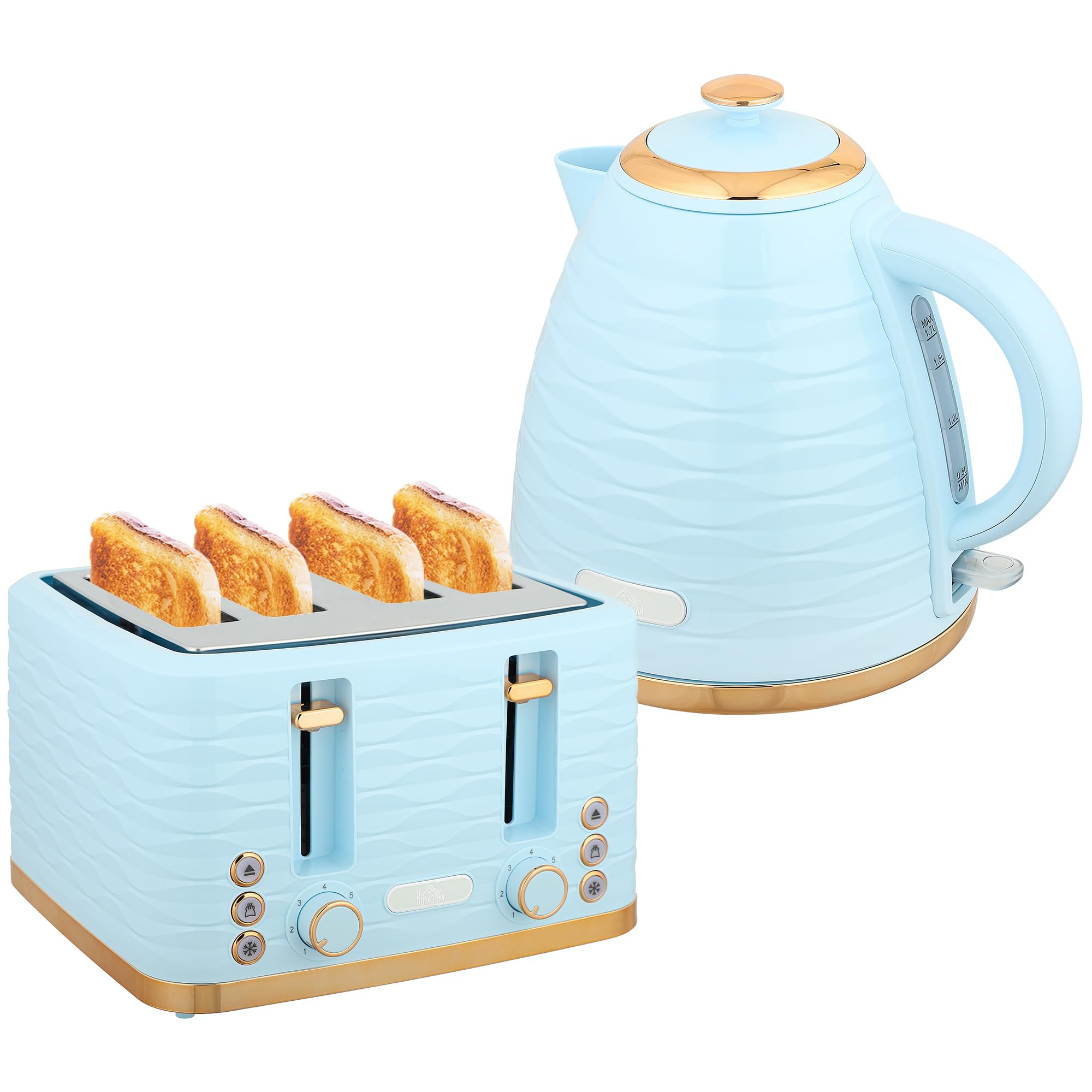 HOMCOM Kettle and Toaster Sets, 3000W 1.7L Rapid Boil Kettle & 4 Slice Toaster with 7 Browning Controls, Defrost, Reheat and Crumb Tray, UK Otter Thermostat, Light Blue — image 1