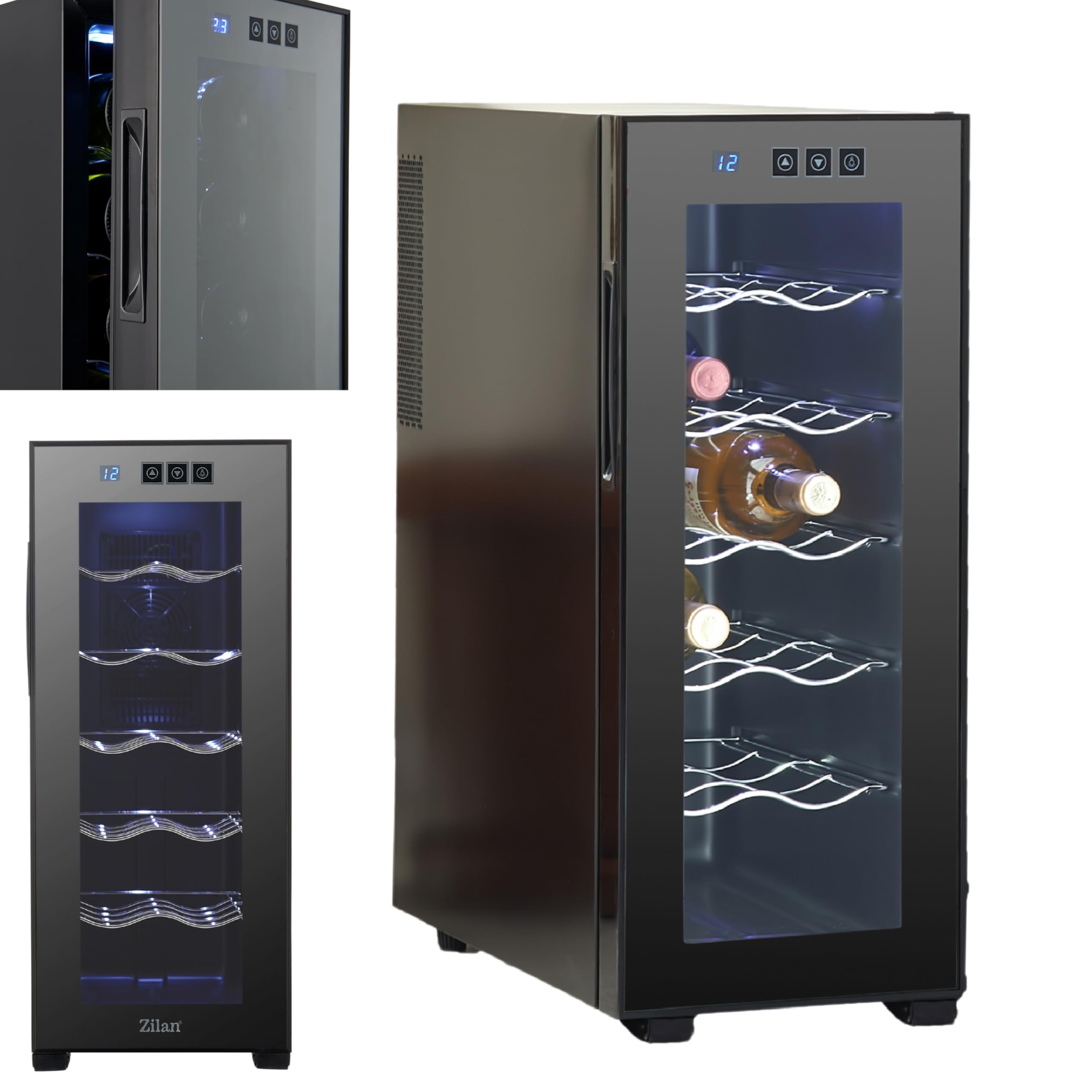 Zilan Refrigerador para vino, independiente, silencioso, 12 botellas, 33 litros, luces LED, enfriador de vino, armario pequeño con clima de vino, mini nevera, minibar con puerta de cristal