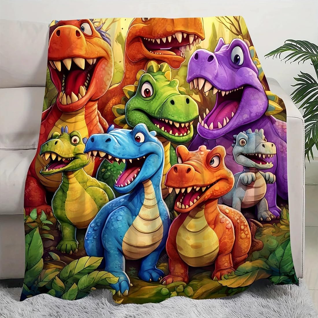 2025 Winter Cute Smiling Dinosaurs HD Digital Print Flannel, Lightweight Dino Soft Funny Throw Blanket, 3D Dinosaur Cartoon Flannel Blanket for Boys and Girls, Contemporary Animal Theme (L,A03)