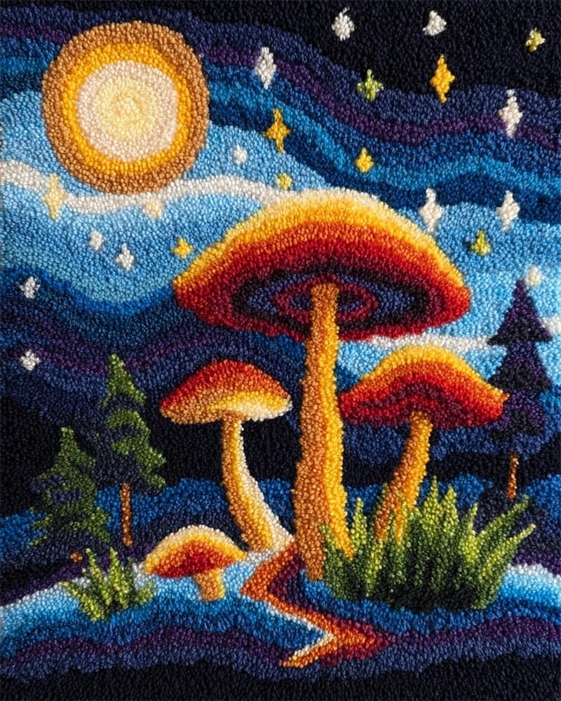 FWRTYCB 3D Latch Hook Rug Kit Starry Night Mushroom DIY Latch Hook Rug Kits 20X15Inch DIY Crochet Carpet Making Beginner Set for Adults Beginners Present Decoration