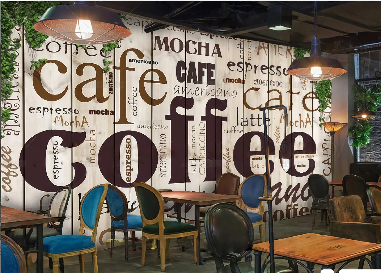 Rskjdghshd 3D Wallpaper Retro Wooden Planks Tiled Green Radish Wall Coffee Letters Dessert Shop Theme Western Restaurant Background Wall Mural Afternoon Tea Coffee Shop Wallpaper,,250X175cm