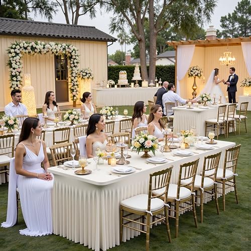 Miniatura 5 de 3 paquetes de falda de mesa de elastano de 8 pies, mantel elástico marfil, diseño de volantes sin arrugas, perfecto para mesas rectangulares,