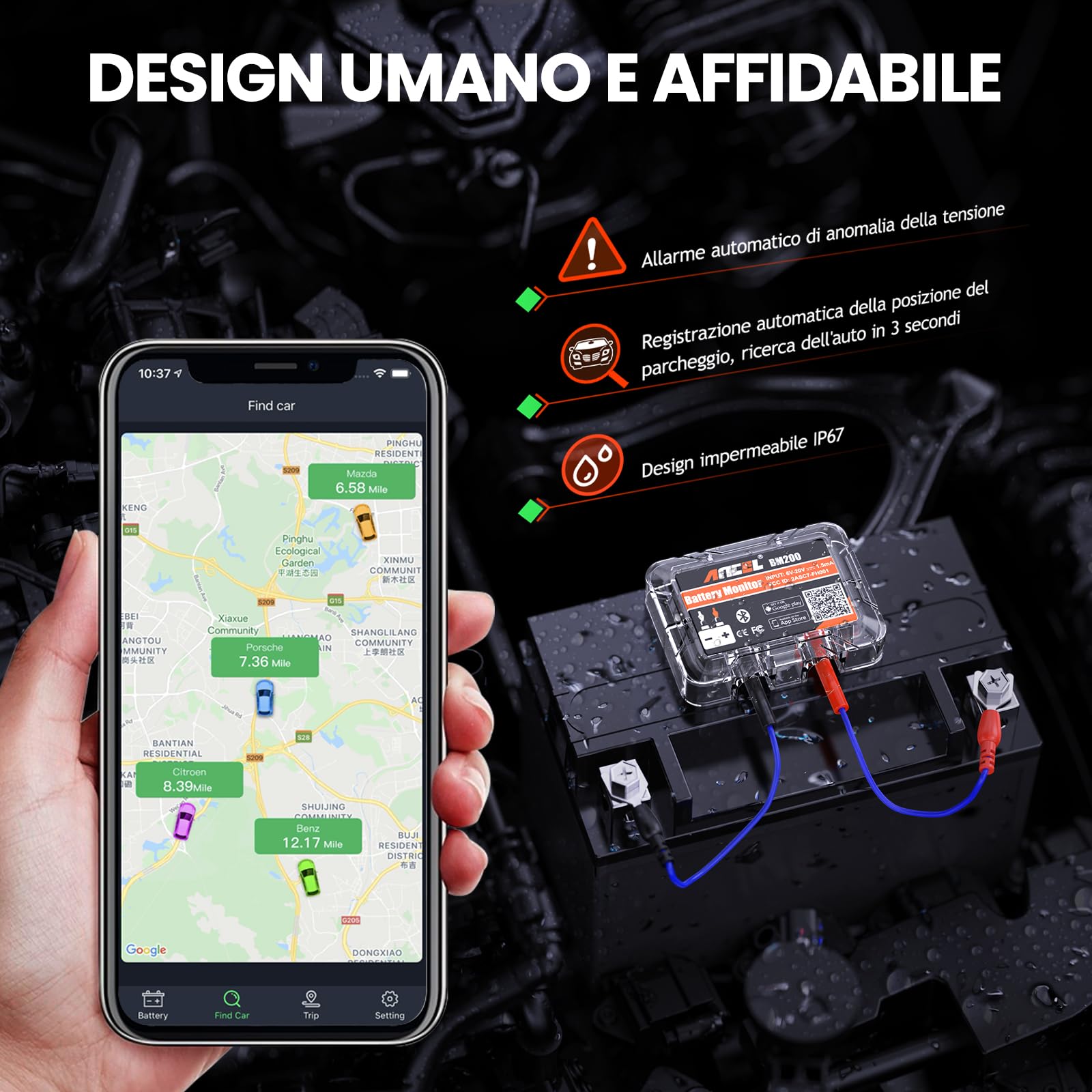 ANCEL BM200 Tester Batteria Auto 12V, Battery Monitor Bluetooth 4.2 Per batterie al litio e al piombo con allarme di prova di carica a manovella Registrazione dello storico della tensione